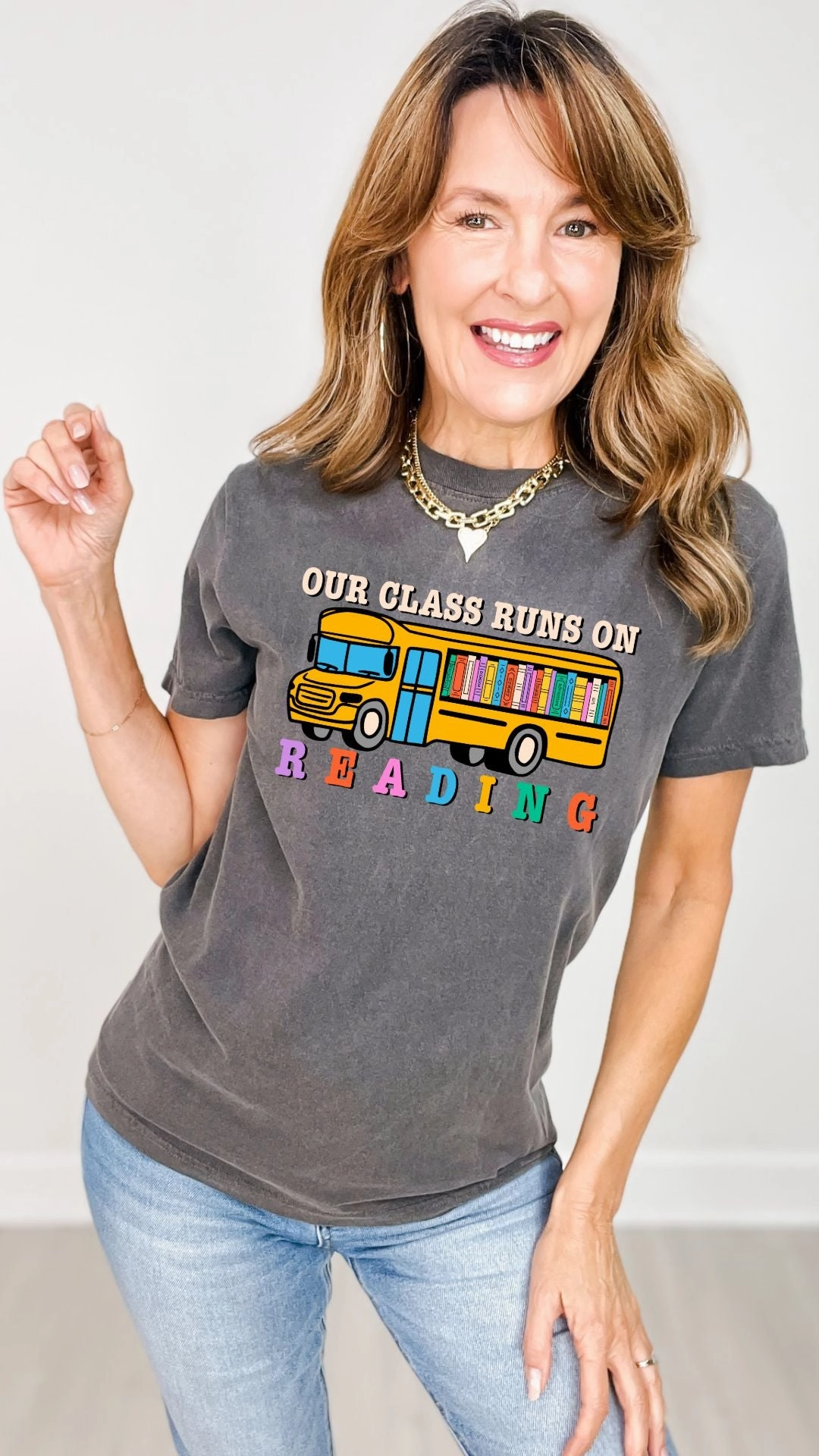 Compact Stitching Our Class Runs On Reading Foil Graphic Tee