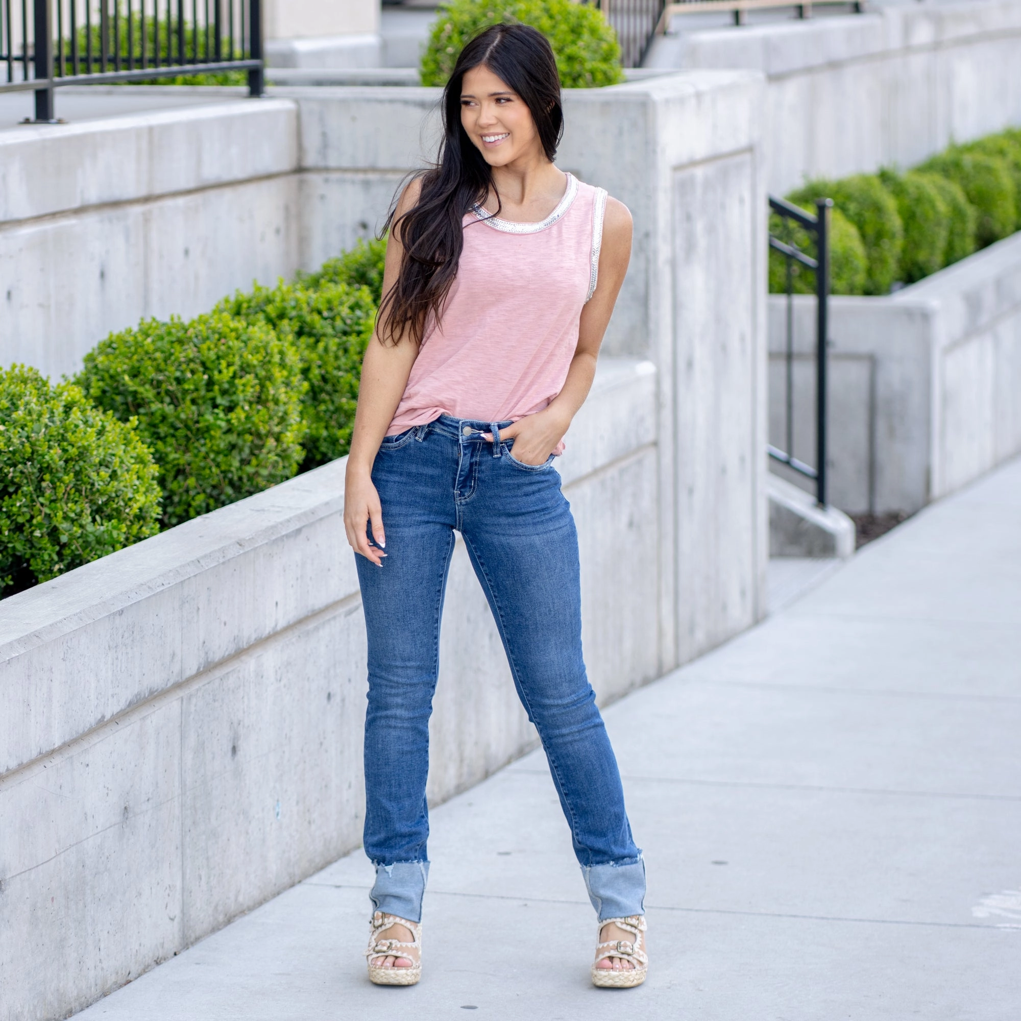 Overheard Mid Rise Cuffed Slim Straight Leg Regular & Plus Sizes Stretch Soft Brunch Outfit Summer Vibes Versatile