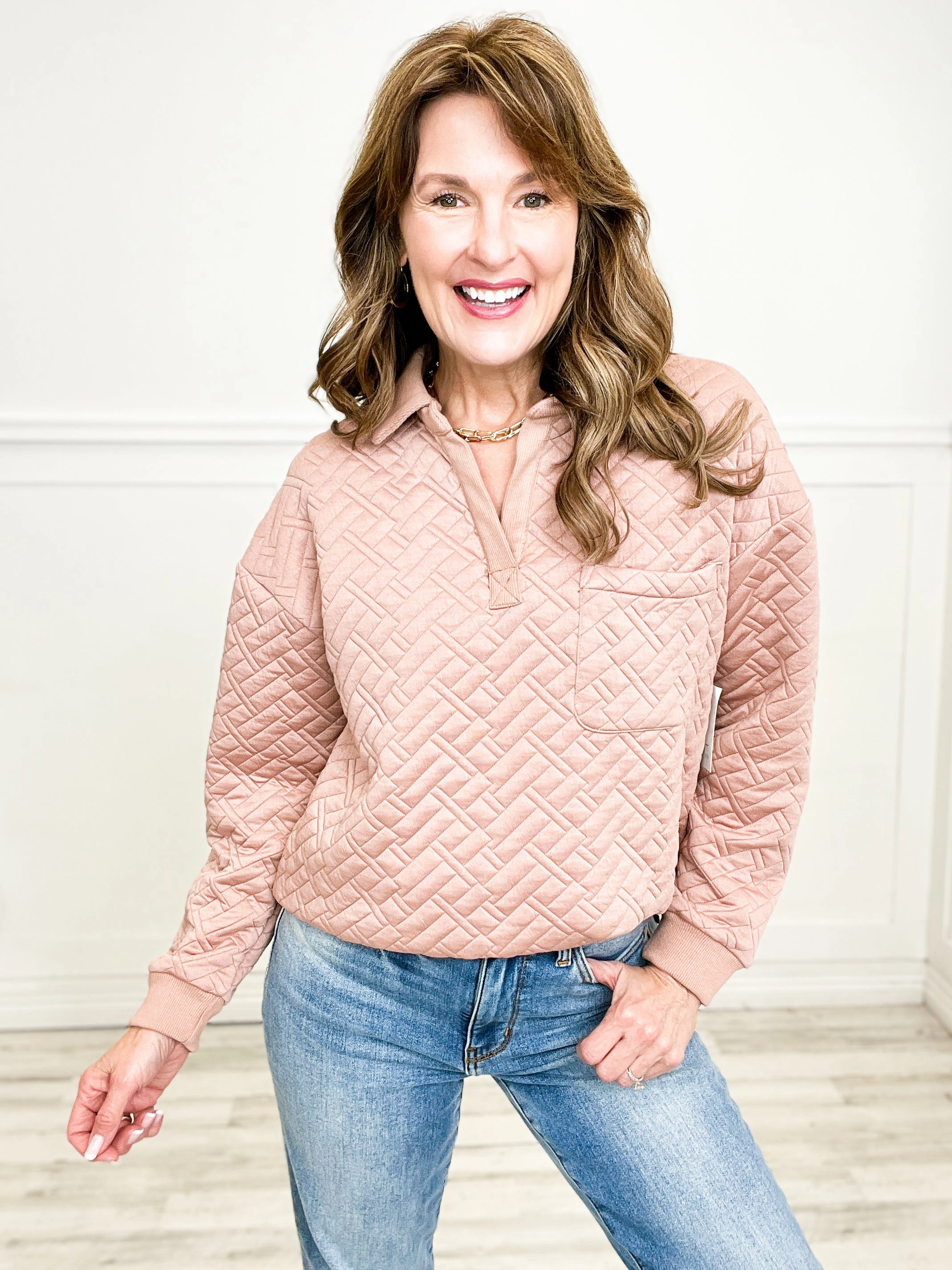 Soft Touch Oversized Collared Quilted Knit Top with Front Pocket