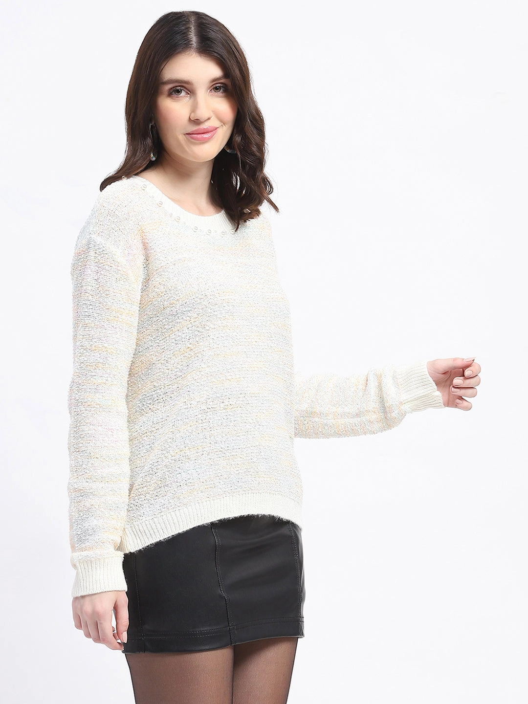 Stretchy Waistband Soft Knit Layer Madame Knit Crew Neck Multicolor Sweater