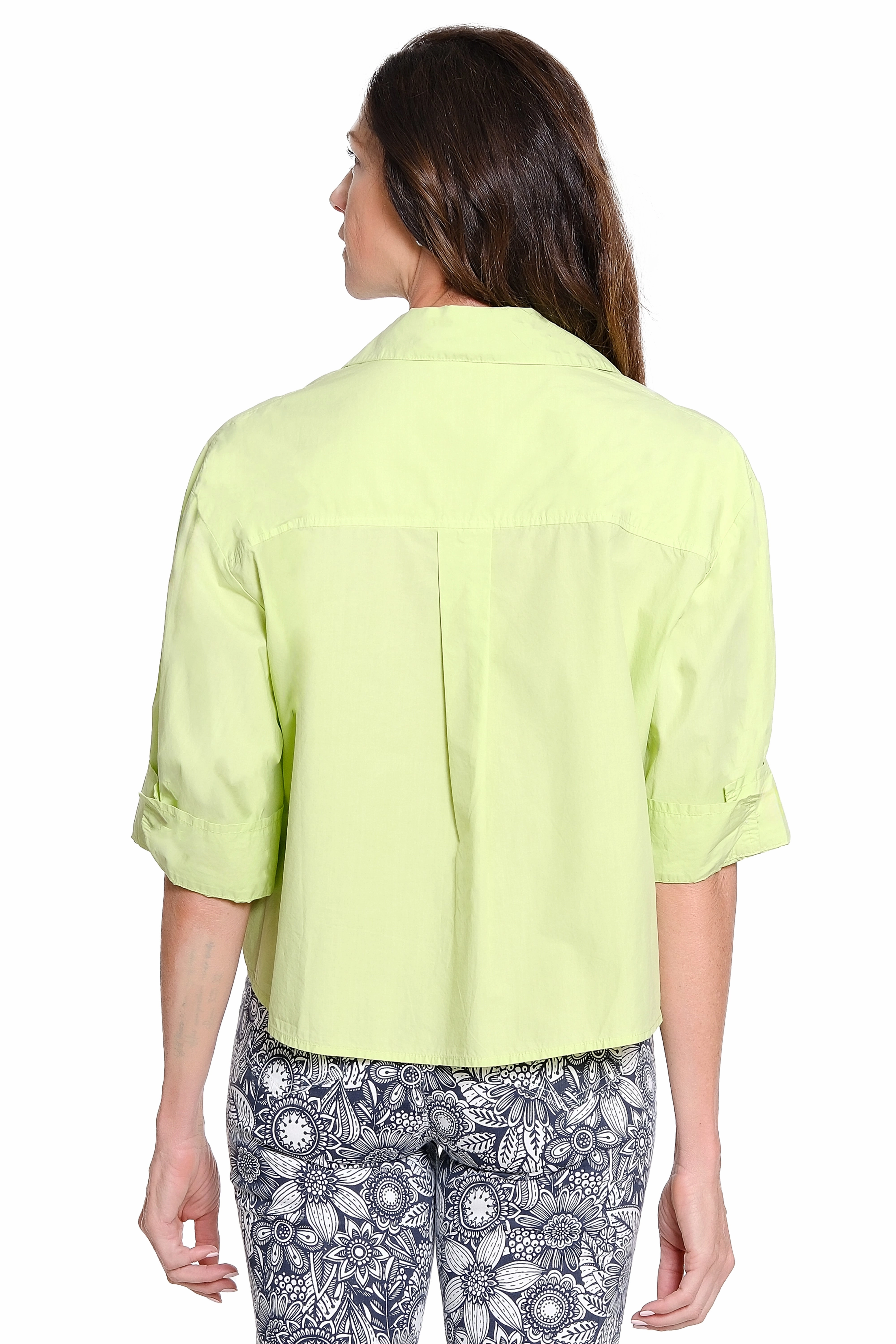 Contrast Stitch Accent 3/4 Sleeve Button-Up Poplin Shirt ?C Soft Lime