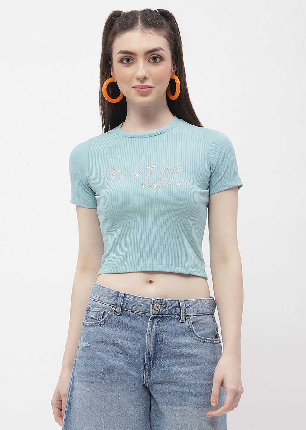 Street Style Madame Typography Powder Blue Crop T-Shirt