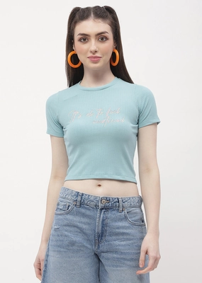 Street Style Madame Typography Powder Blue Crop T-Shirt
