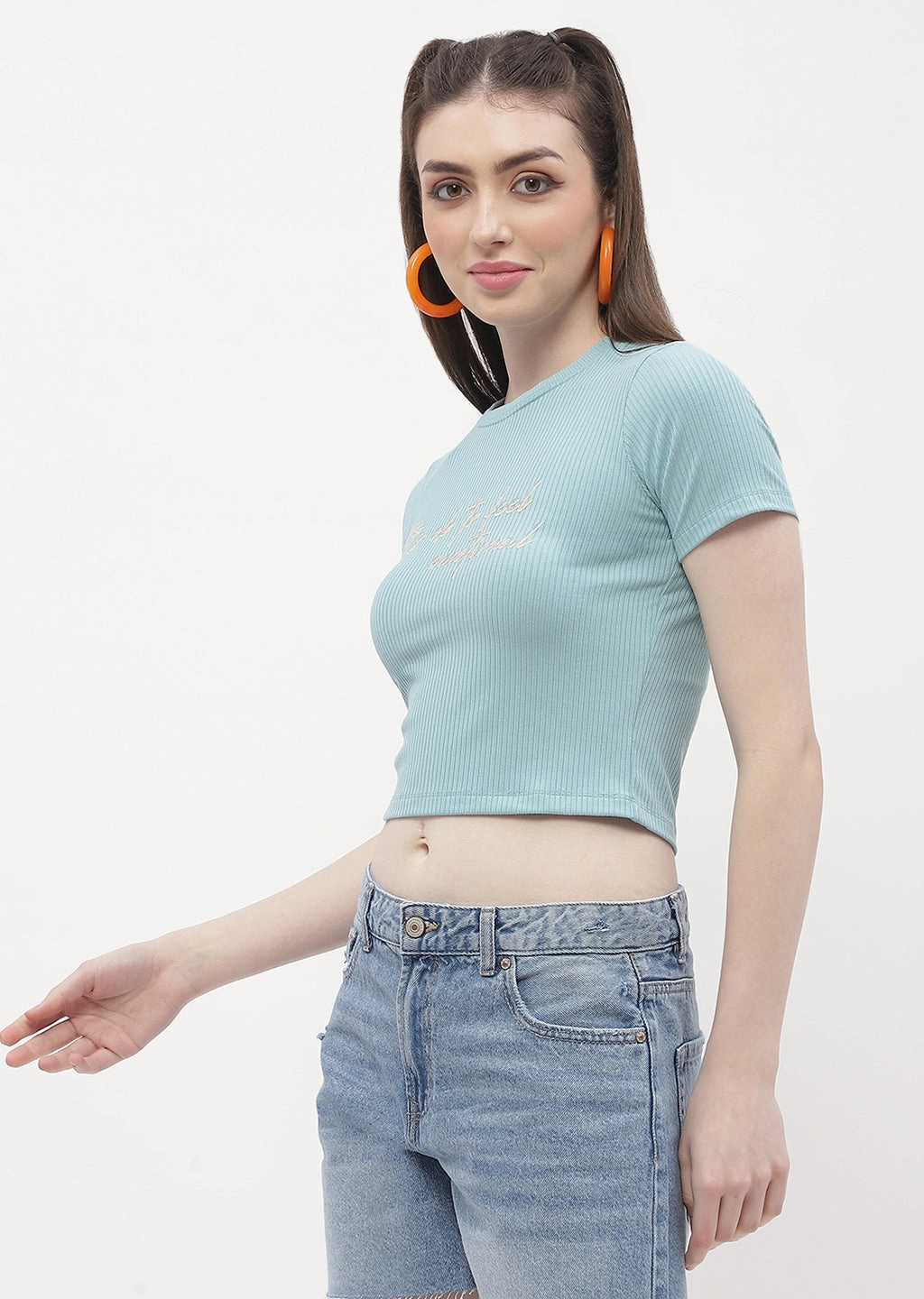 Madame Typography Powder Blue Crop T-Shirt RibbedTrim VersatileNeckline