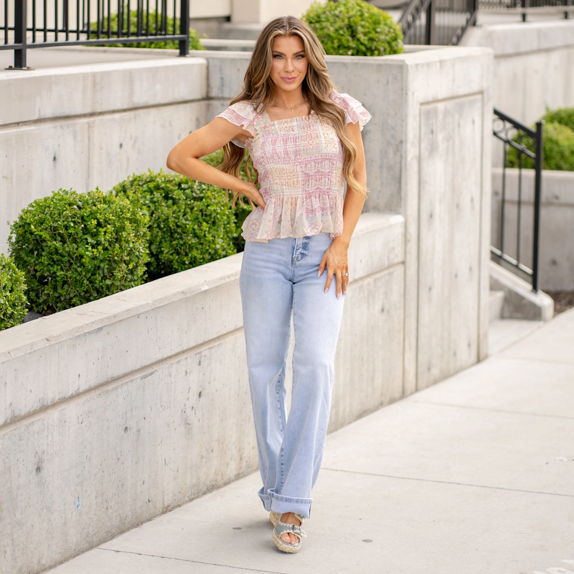 Solid Hue Reinforced Hems Patchwork Smocked Top - Pink Multi