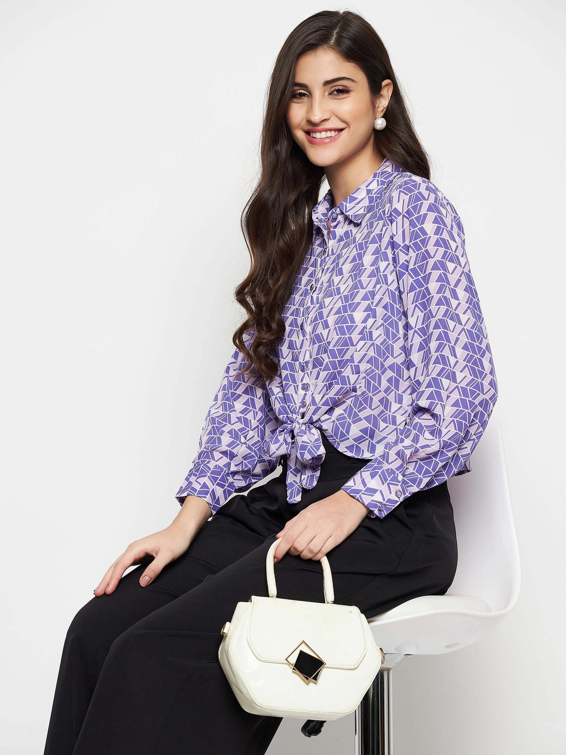 Mix-And-Match Versatile Styling Madame Geometric Print Tie Front Purple Shirt