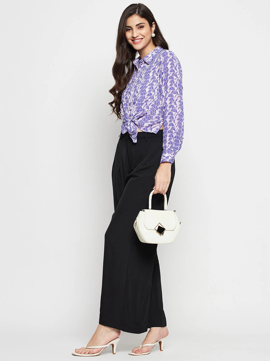 Work-to-Weekend Anti Pilling Treatment Madame Geometric Print Tie Front Purple Shirt
