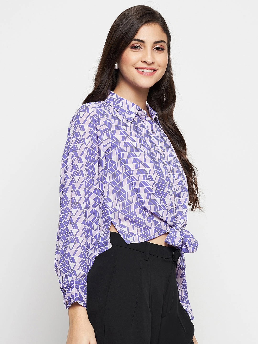 Checkered Print Chic Design Madame Geometric Print Tie Front Purple Shirt