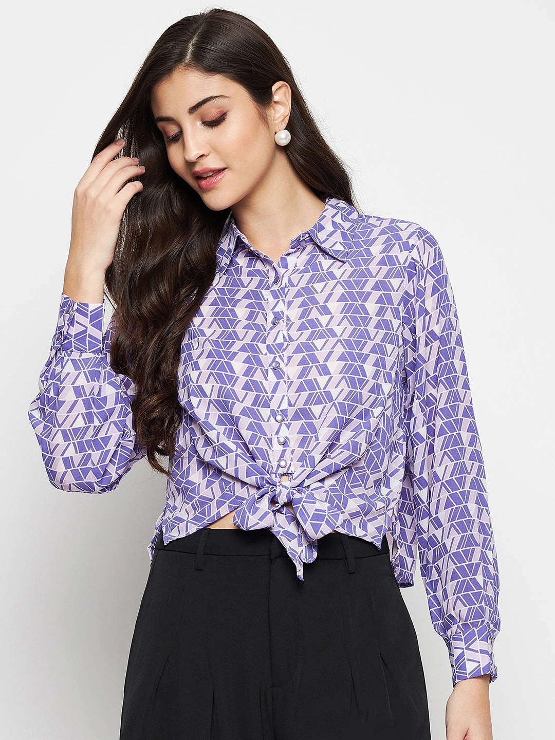 Madame Geometric Print Tie Front Purple Shirt Soft Stretch Collar