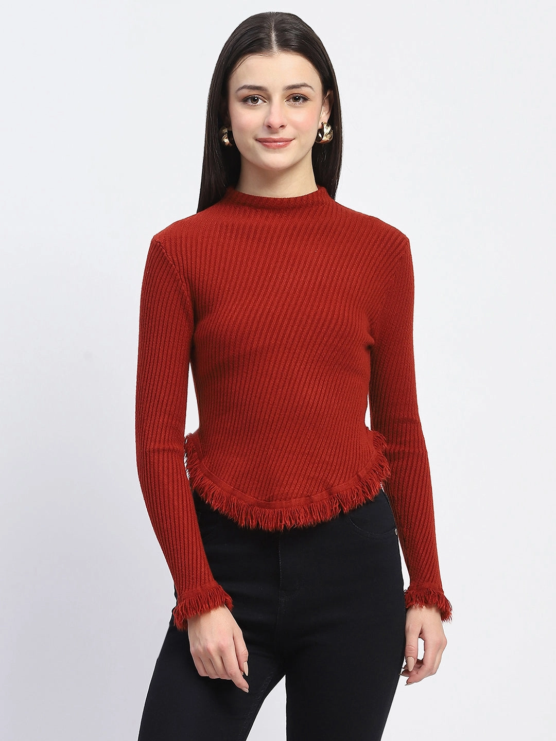 Madame Fur Cuffs and Hem Rust Red Sweater Light Layers High Density Weave