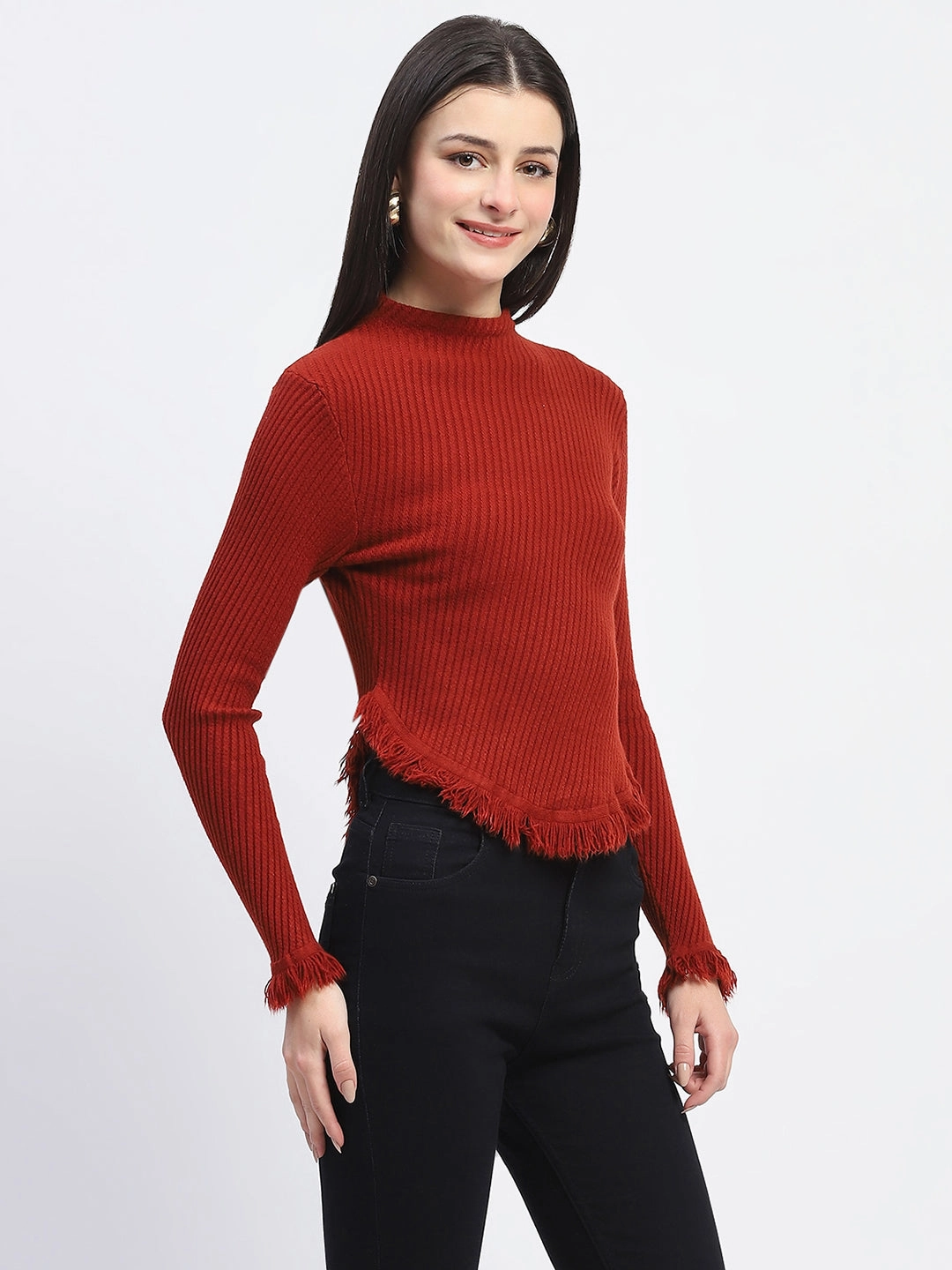 Comfortable Wear Eco Conscious Manufacturing Madame Fur Cuffs and Hem Rust Red Sweater