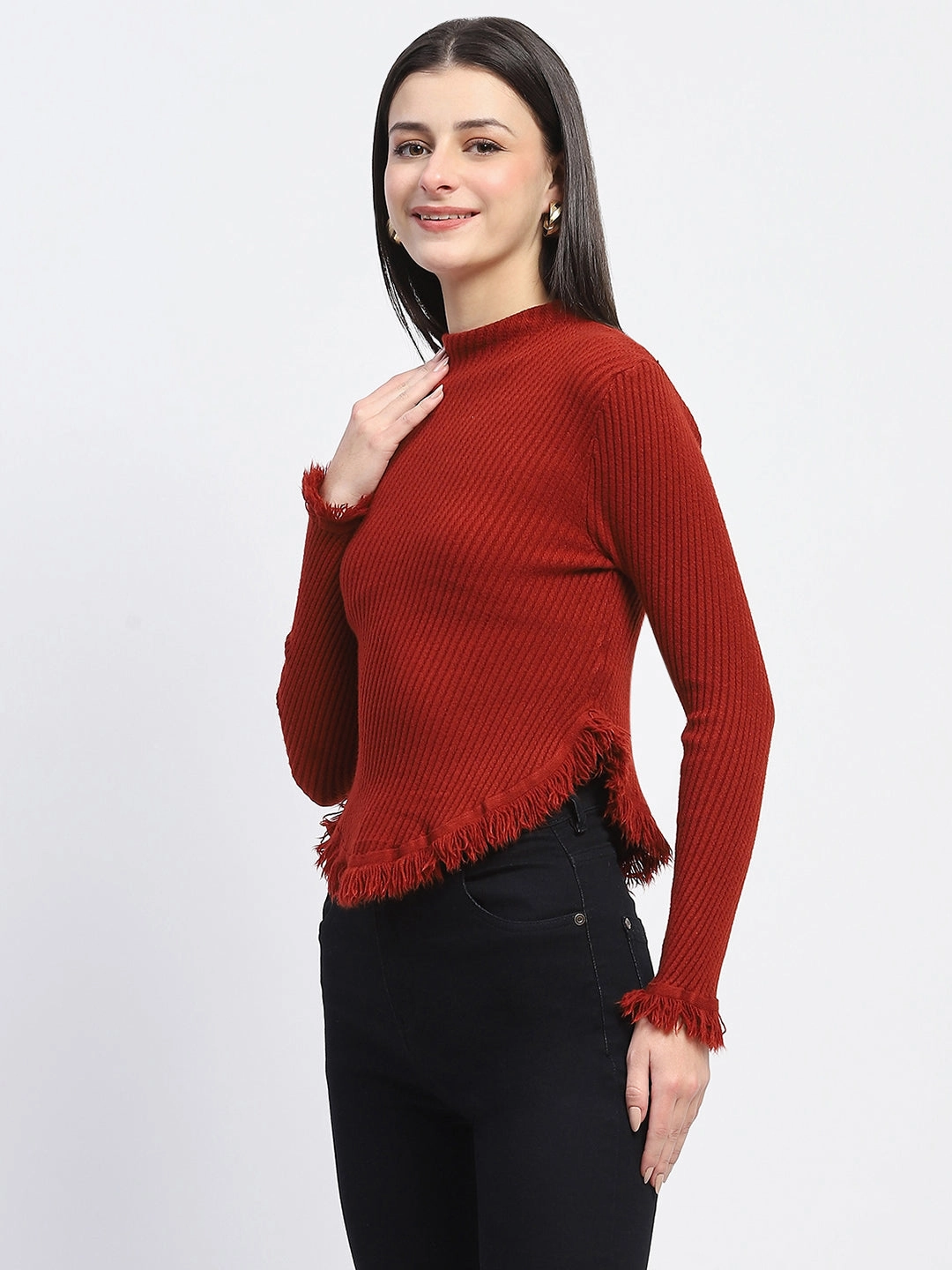 Madame Fur Cuffs and Hem Rust Red Sweater Relaxed Wear Soft Knit Wear