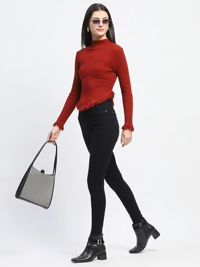 Trendy Winter Madame Fur Cuffs and Hem Rust Red Sweater