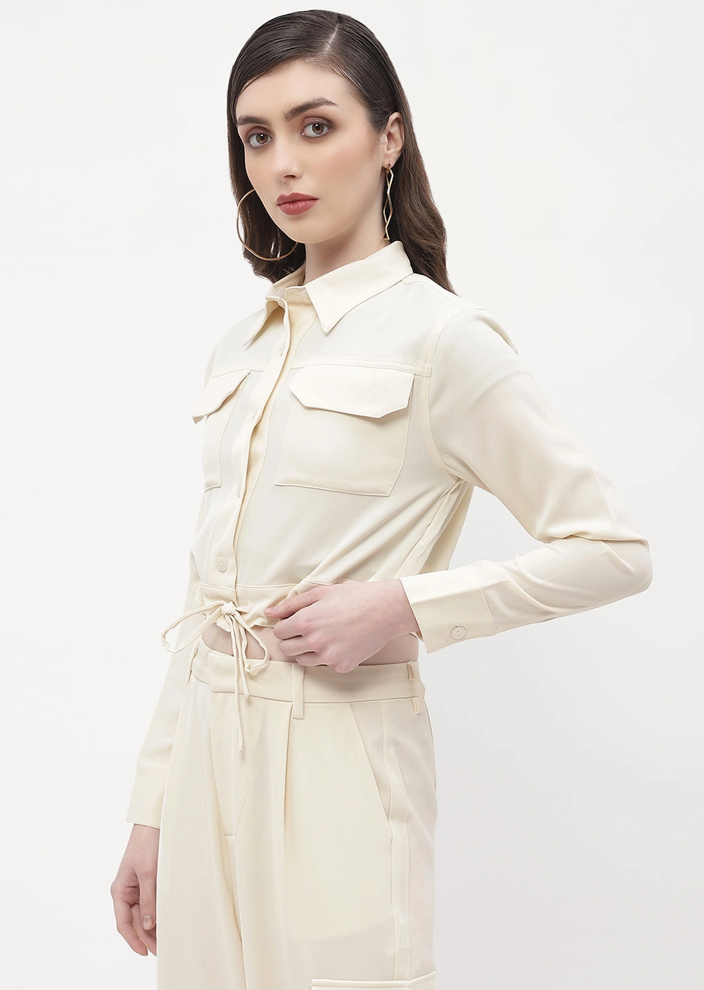Madame Drawstring Waist Beige Flap Pocket Crop Shirt Work-to-Weekend Active Layer