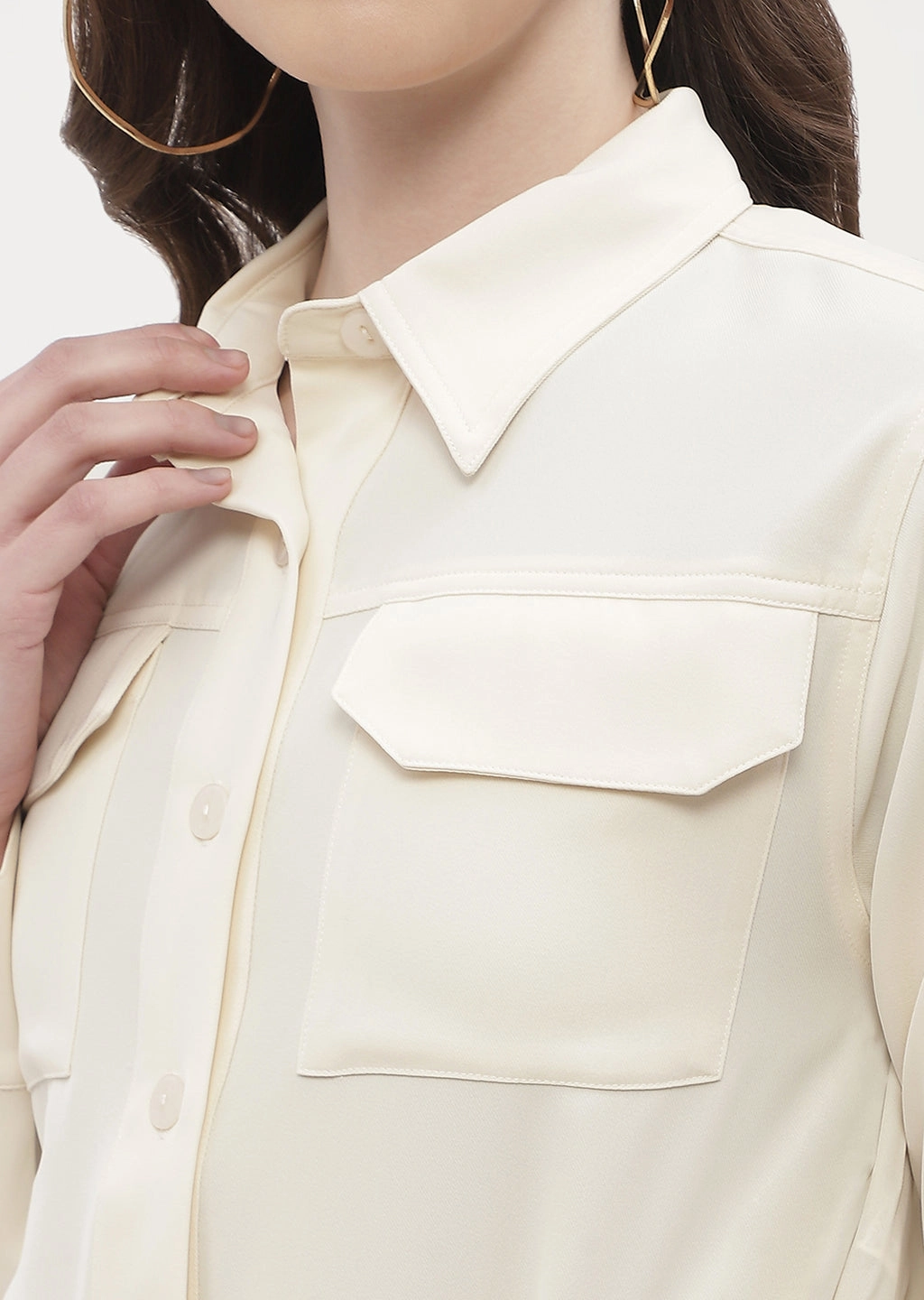 color block Polka Dot Madame Drawstring Waist Beige Flap Pocket Crop Shirt