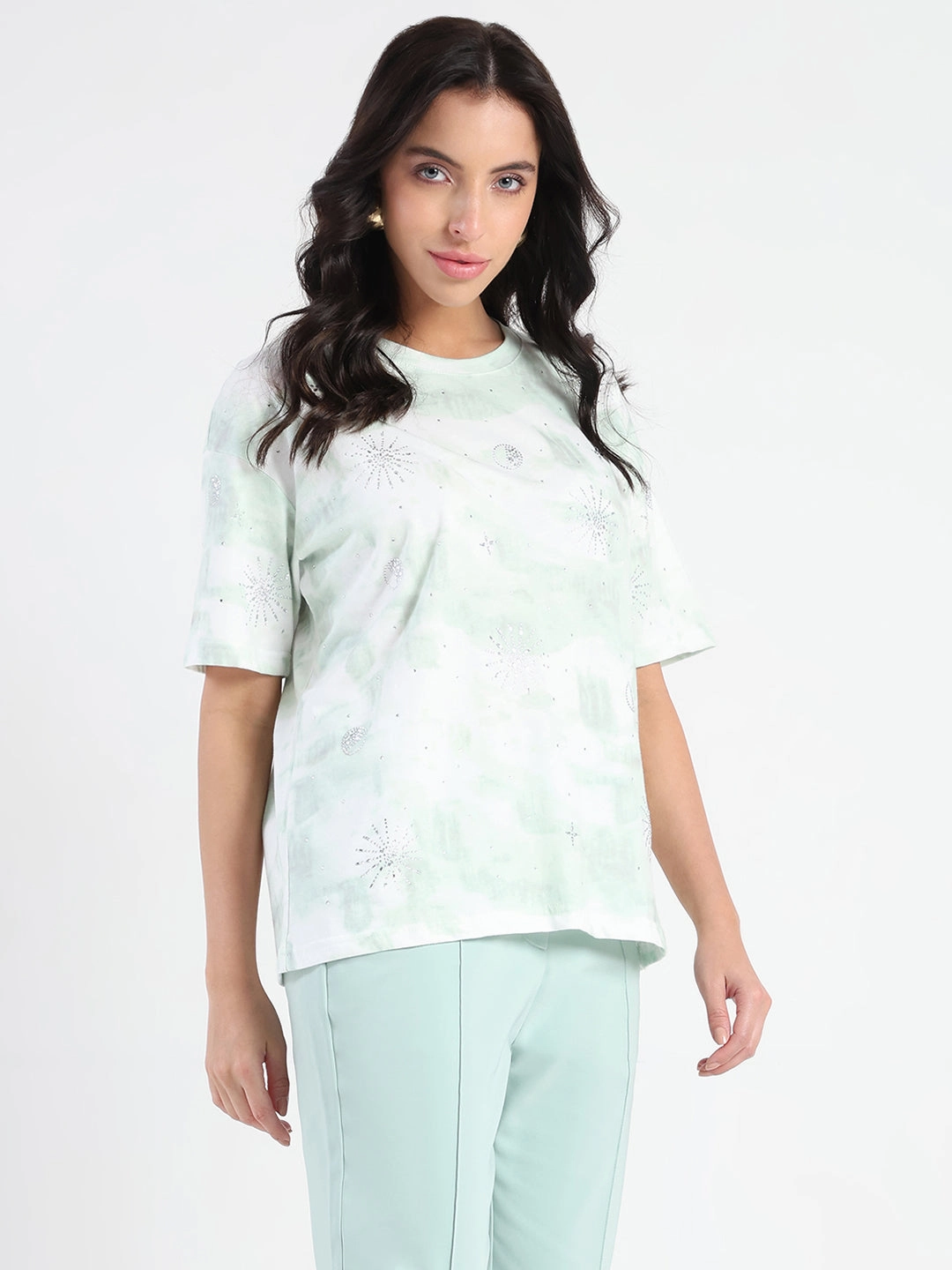 Madame Swarovksi Detailed Tie and Dye Sea Green T-shirt MicrofiberTech LatticeKnit