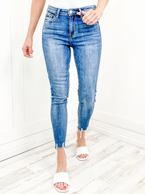 Lightweight Denim Blend Vervet "Janet" Hi-Rise Distressed Hem Ankle Skinny Jeans