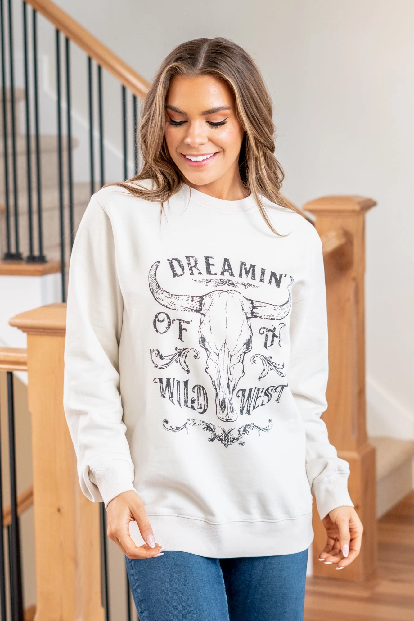 Fashion staples Cozy Performance Wear Vintage Dreamin of The Wild West Graphic Cozy Pull Over Sweater - Bone