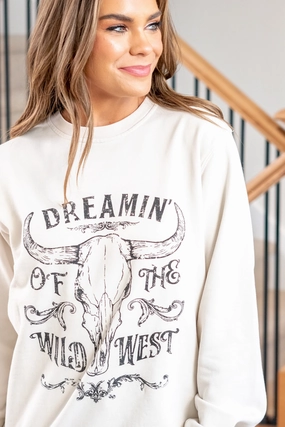 Vintage Dreamin of The Wild West Graphic Cozy Pull Over Sweater - Bone Everyday Fit