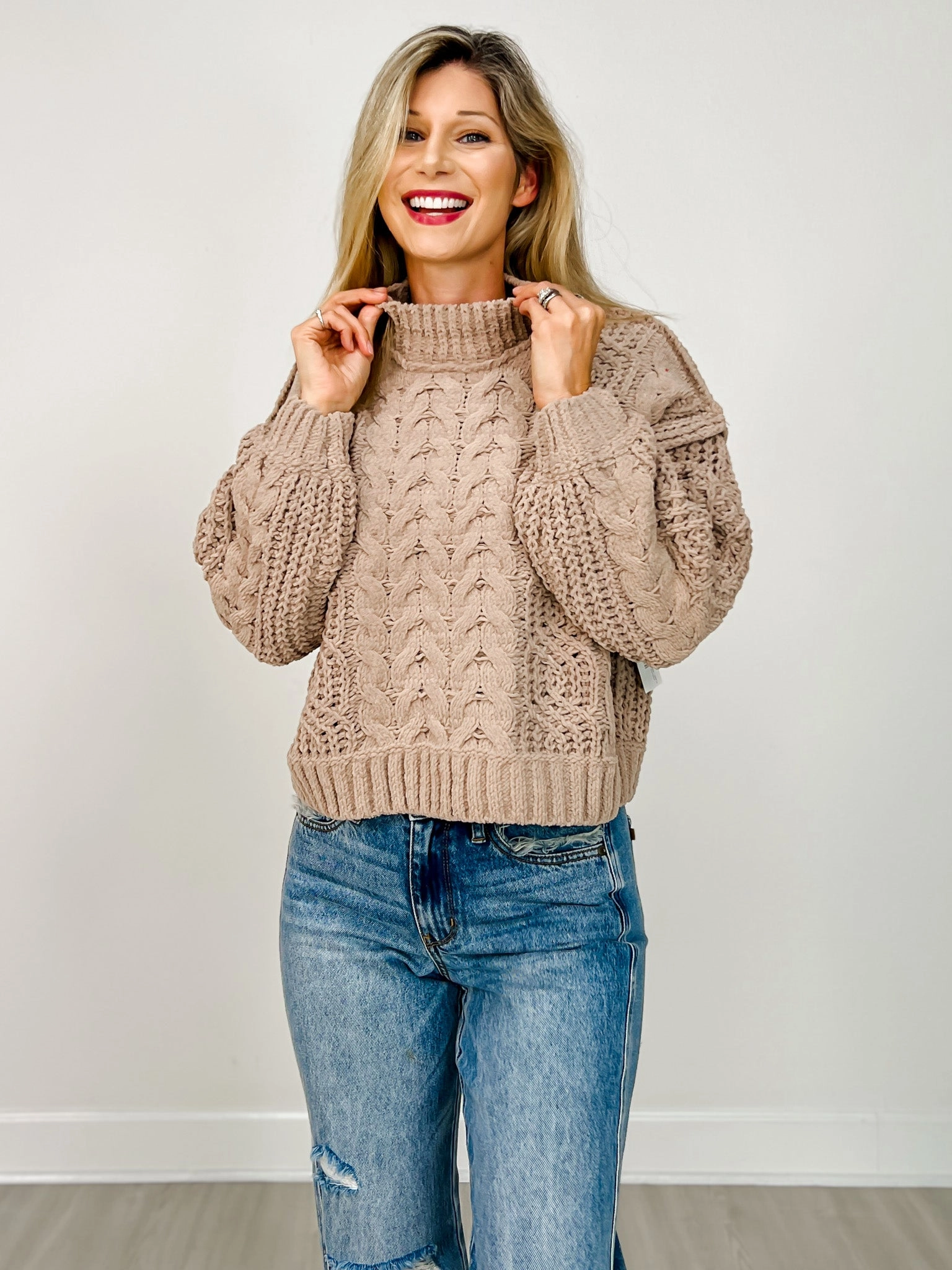 Mock Neck Cable Knit Balloon Sleeve Sweater - GRP A Relaxed Design All-Weather Comfort