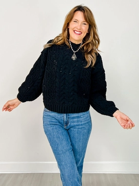 Knitted Warmth Fashion staples Mock Neck Cable Knit Balloon Sleeve Sweater - GRP A