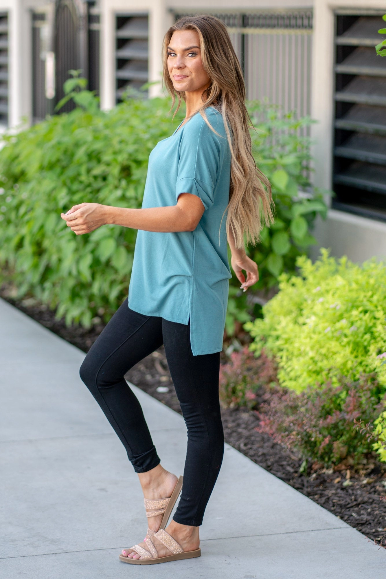 Super Soft  High Low Hem V Neck Top - Dusty Teal T-Shirt Timeless Fit