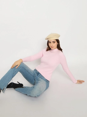 Flexible Waist Cozy Thermal Madame Turtle Neck Full Sleeve Pink Sweater
