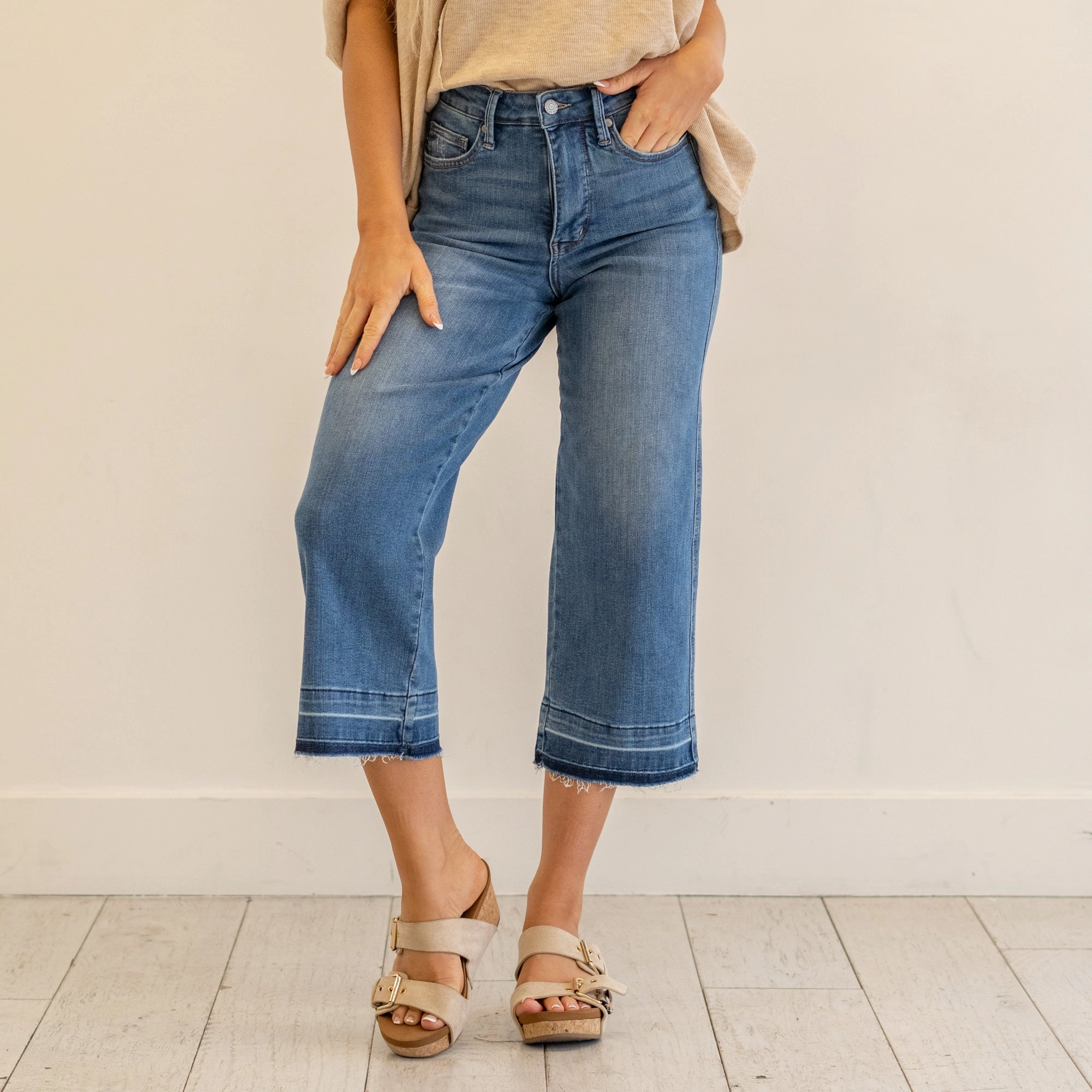 Traveler Gear Slim Button Fly Closure Sienna High Rise Wide Leg Crop Regular & Plus Sizes