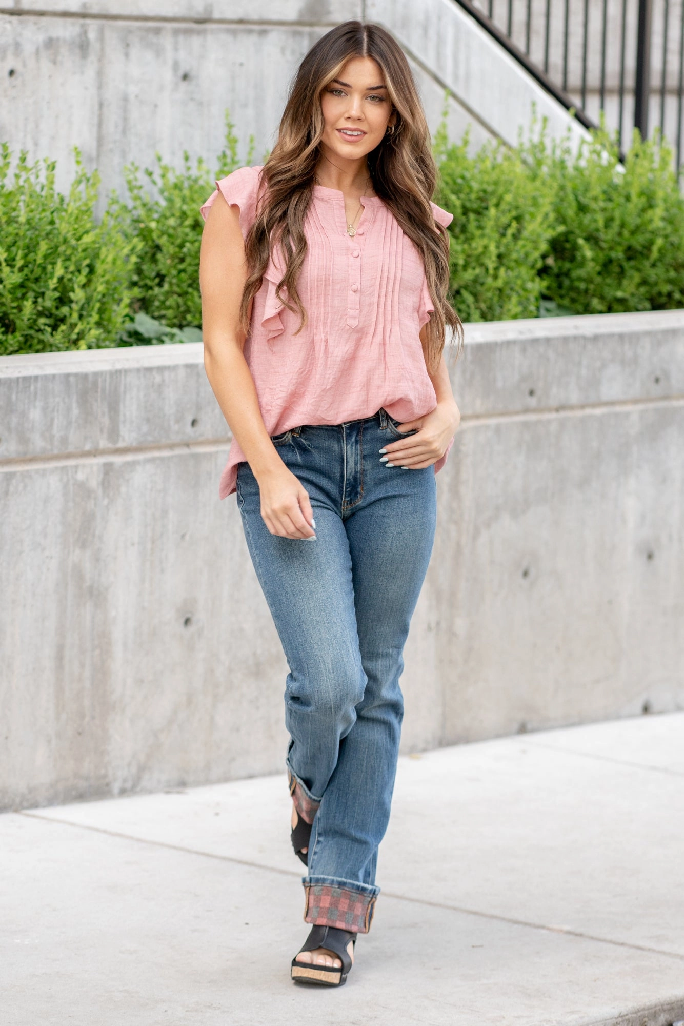 Recycled Fiber Content Plaid Cuffed High Rise Cuffed Straight Leg (Long Inseam Option)