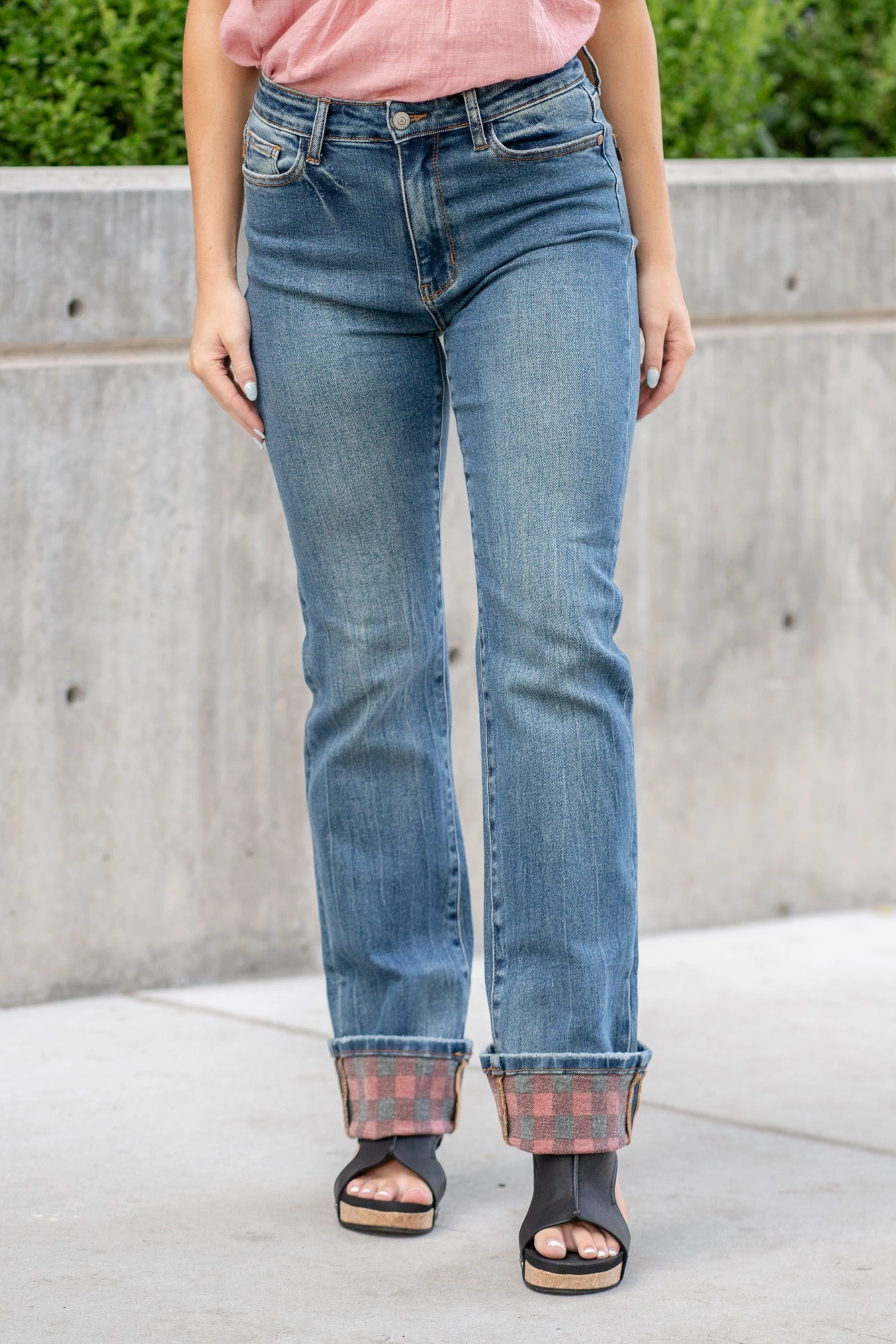 Fit And Easy Comfortable Edge Plaid Cuffed High Rise Cuffed Straight Leg (Long Inseam Option)