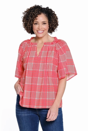 Stretch Woven Material Pleated Front Popover Top - Red
