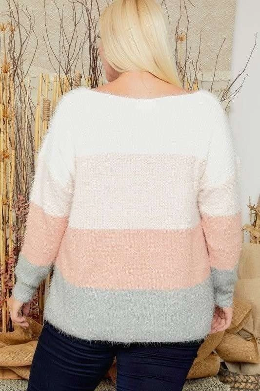 Plus Color Block Wide Neck Knit Sweater Top UV Protective Layer