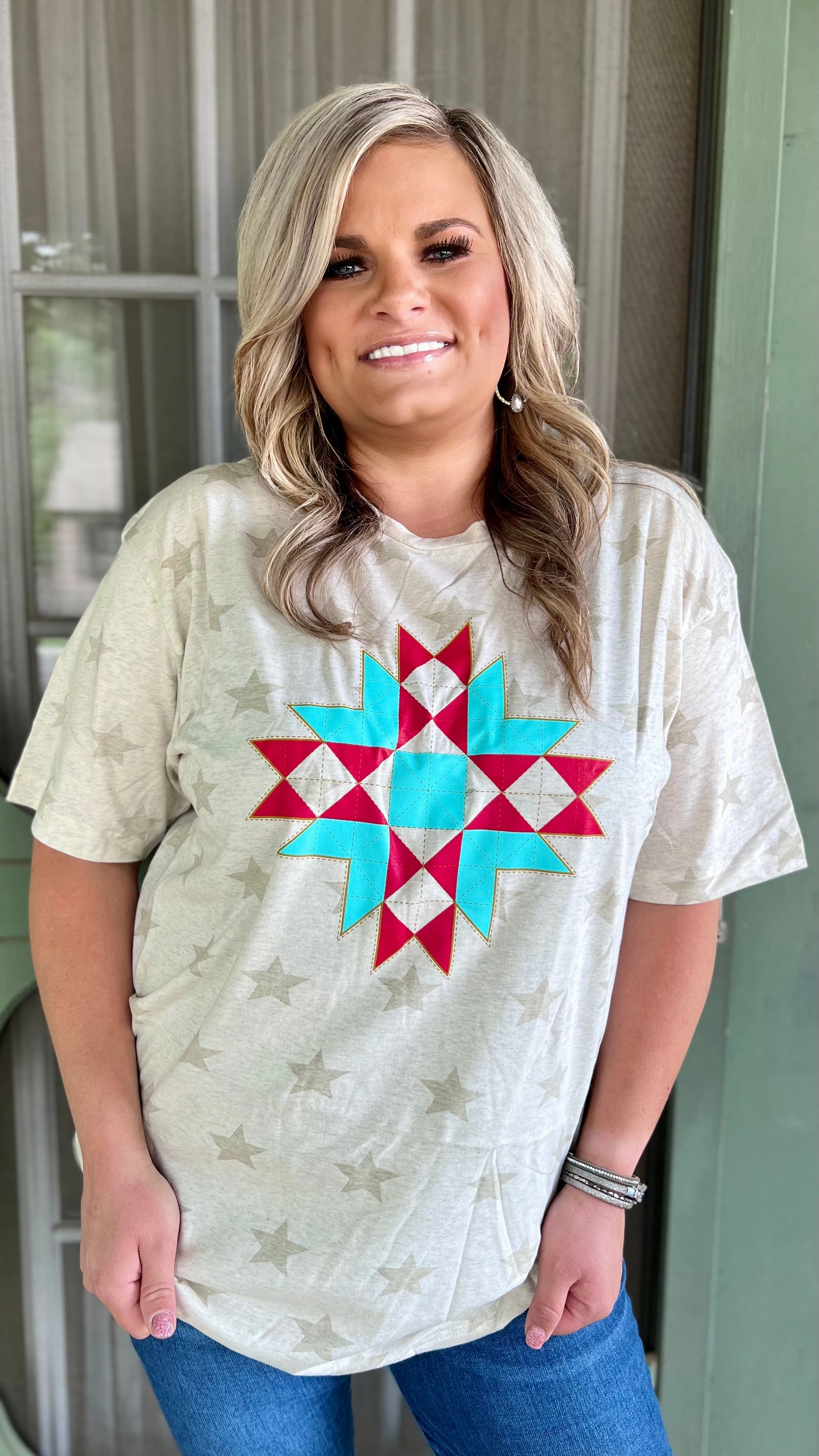 Multi Panel Cut Recycled Polyester Blend Plus Field Of Stars Tee