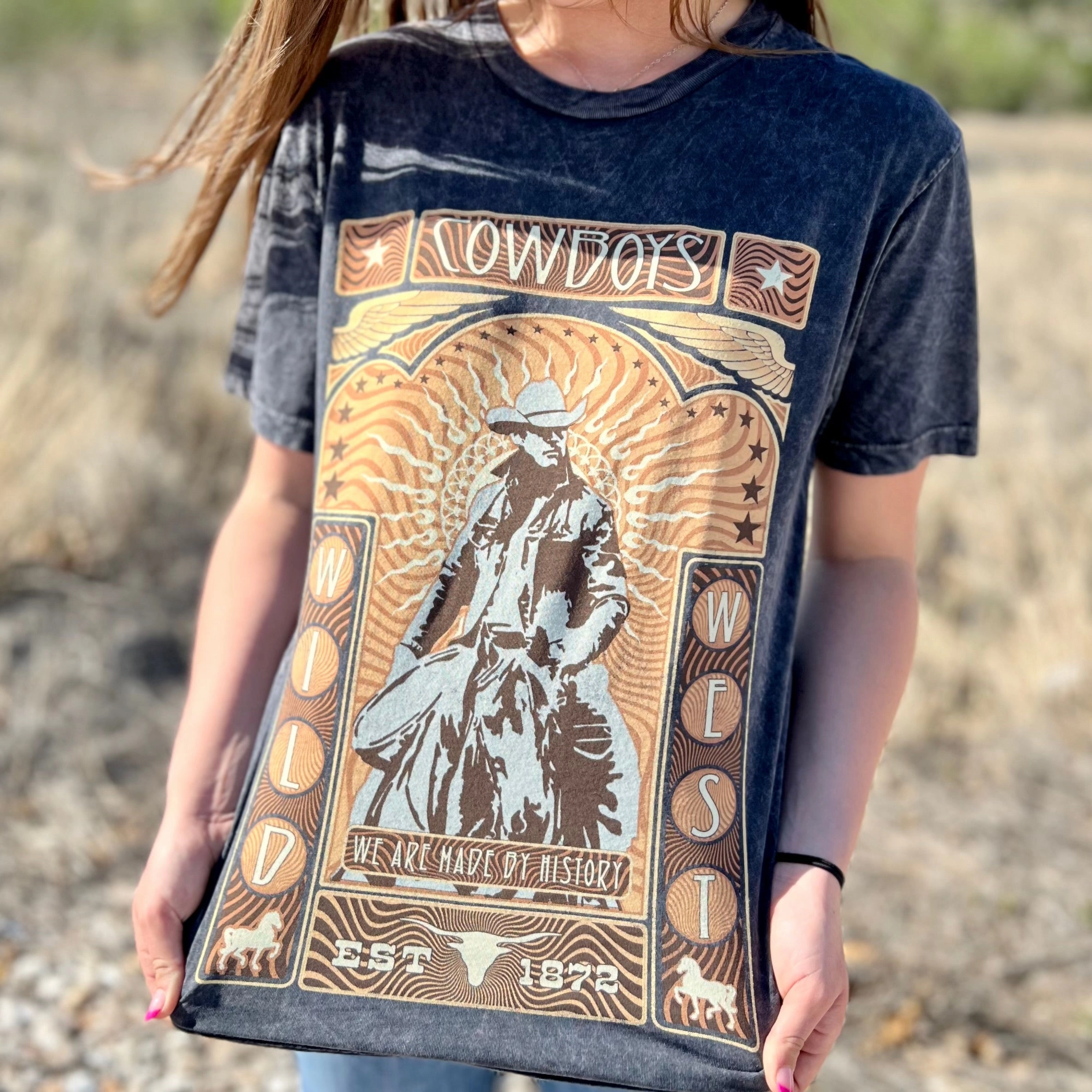 Moisture Wicking Material PLUS Mineral Washed Cowboy History Graphic Tee