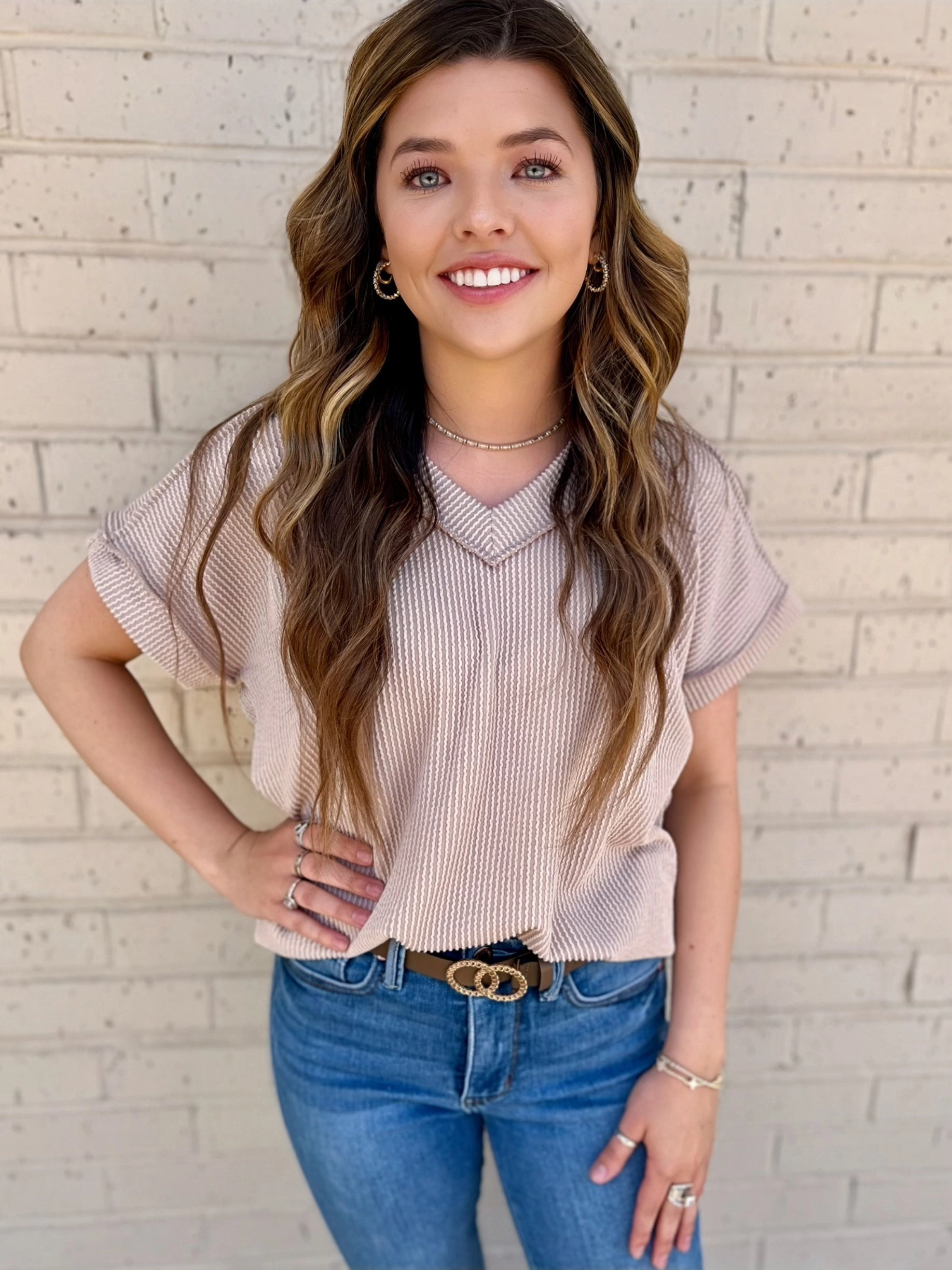 PLUS Room to Breath Taupe Ribbed Top* Slim Fit Design Rubberized grip