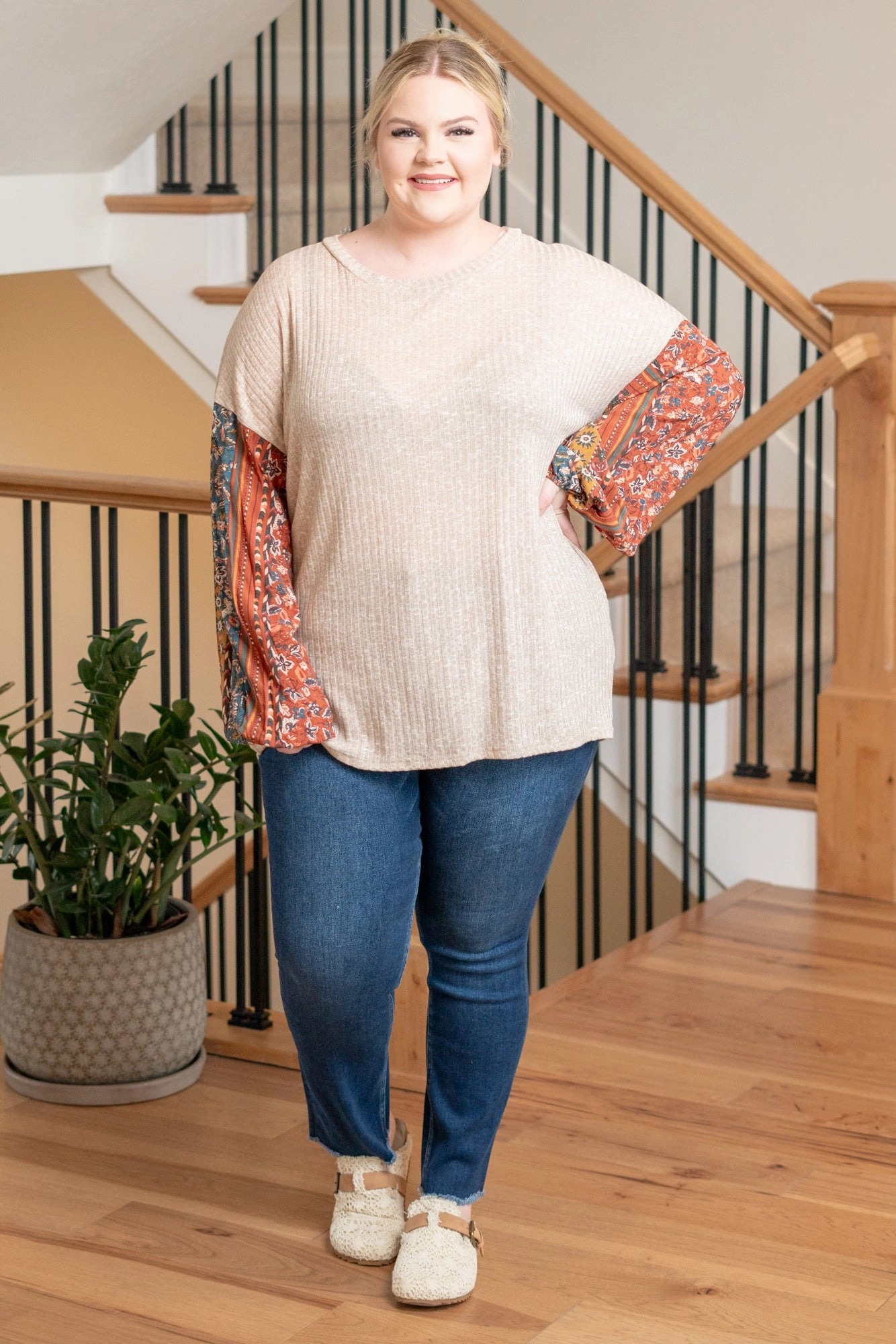 Plus Size Bubble Long Sleeve Top - Taupe Modern Look Quick Dry Construction