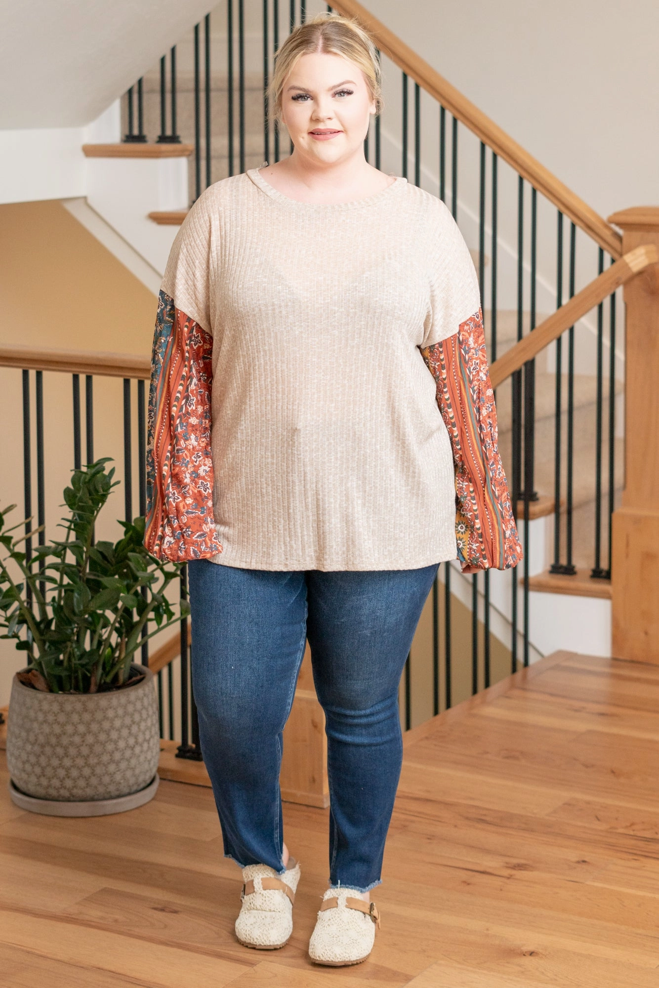 Plus Size Bubble Long Sleeve Top - Taupe Artistic Design Quick Dry Construction