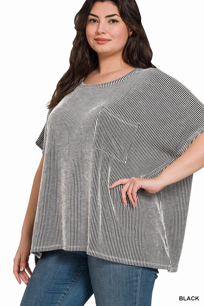 Flatlock stitching Plus Size Corded Rib Oversized Short Sleeve Top