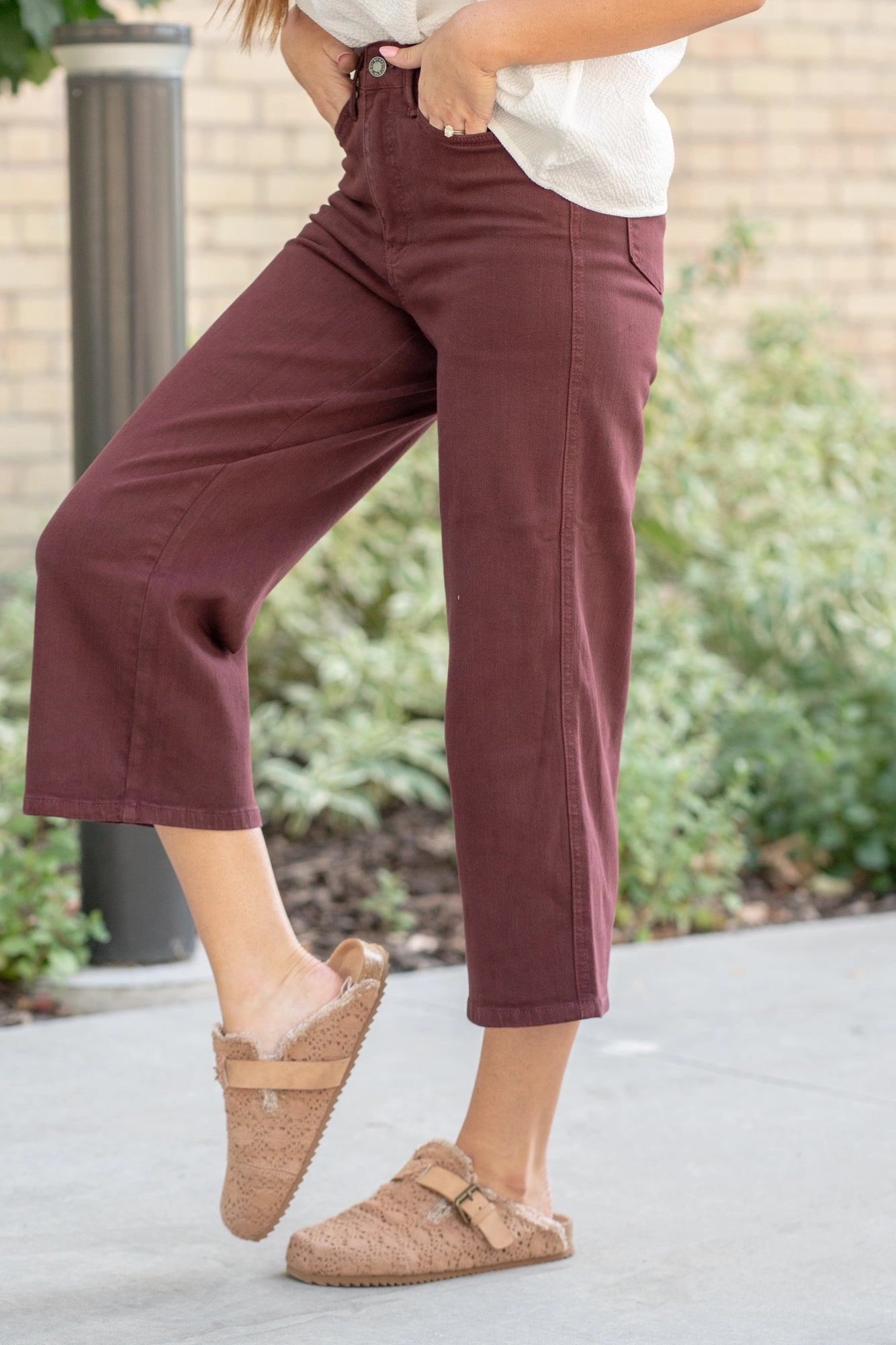 Weekend Wear Evening Stroll Stretch Breathable Plus Size Oxblood Tummy Control Top High Rise Wide Leg Crop