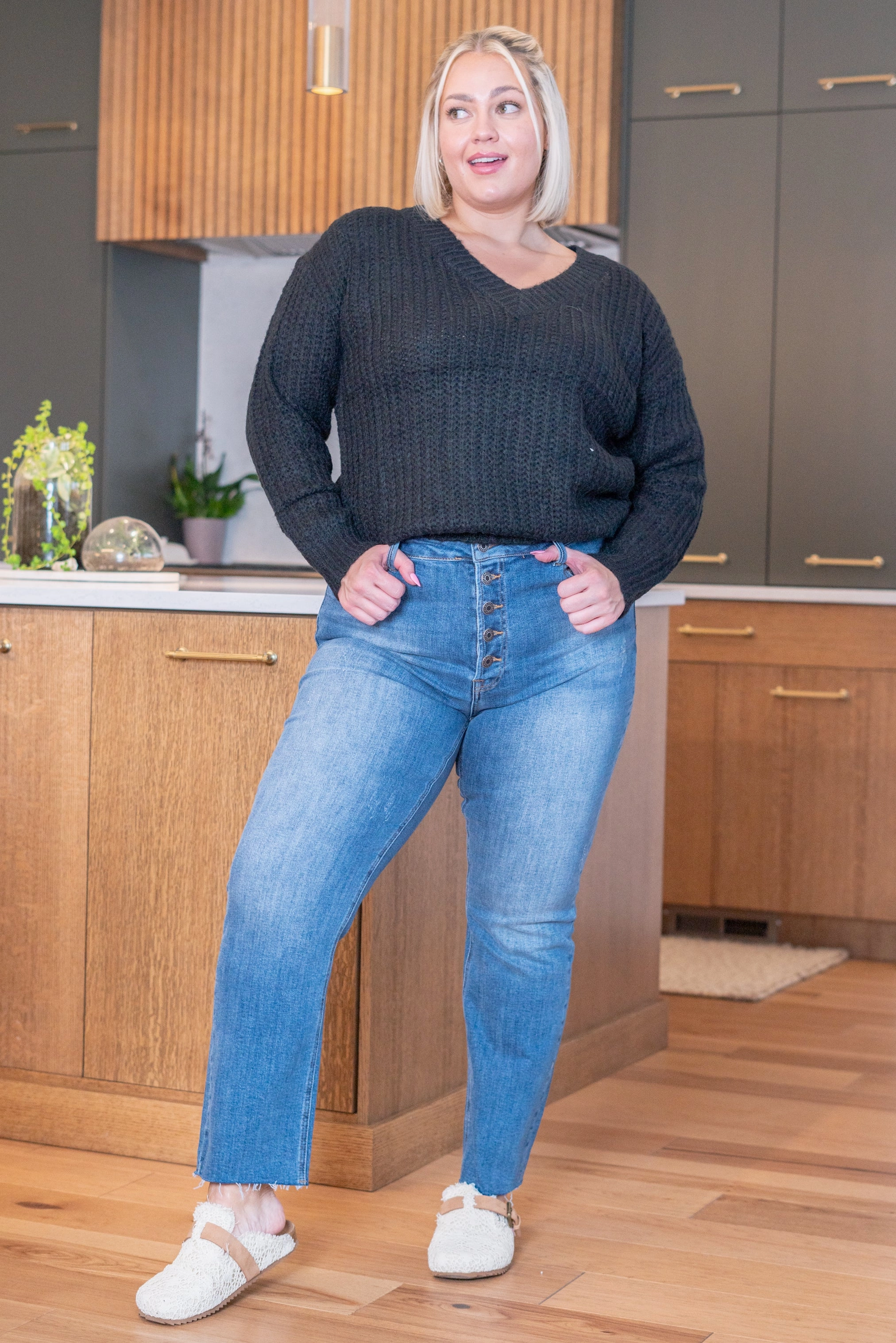 Eco Friendly Fashion Lover Morning Stroll Layered Knee Panels Plus Size Presley Ann Mid Rise Button Fly Relaxed Skinny