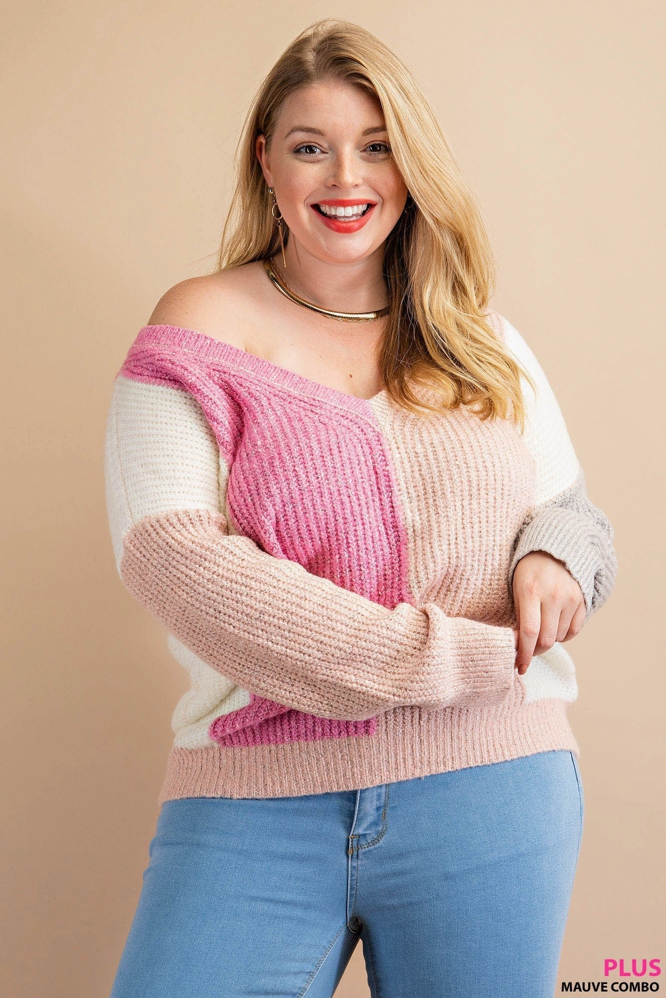 Unstructured Fit BlendMaterials Plus V-neck Color Block Sweater