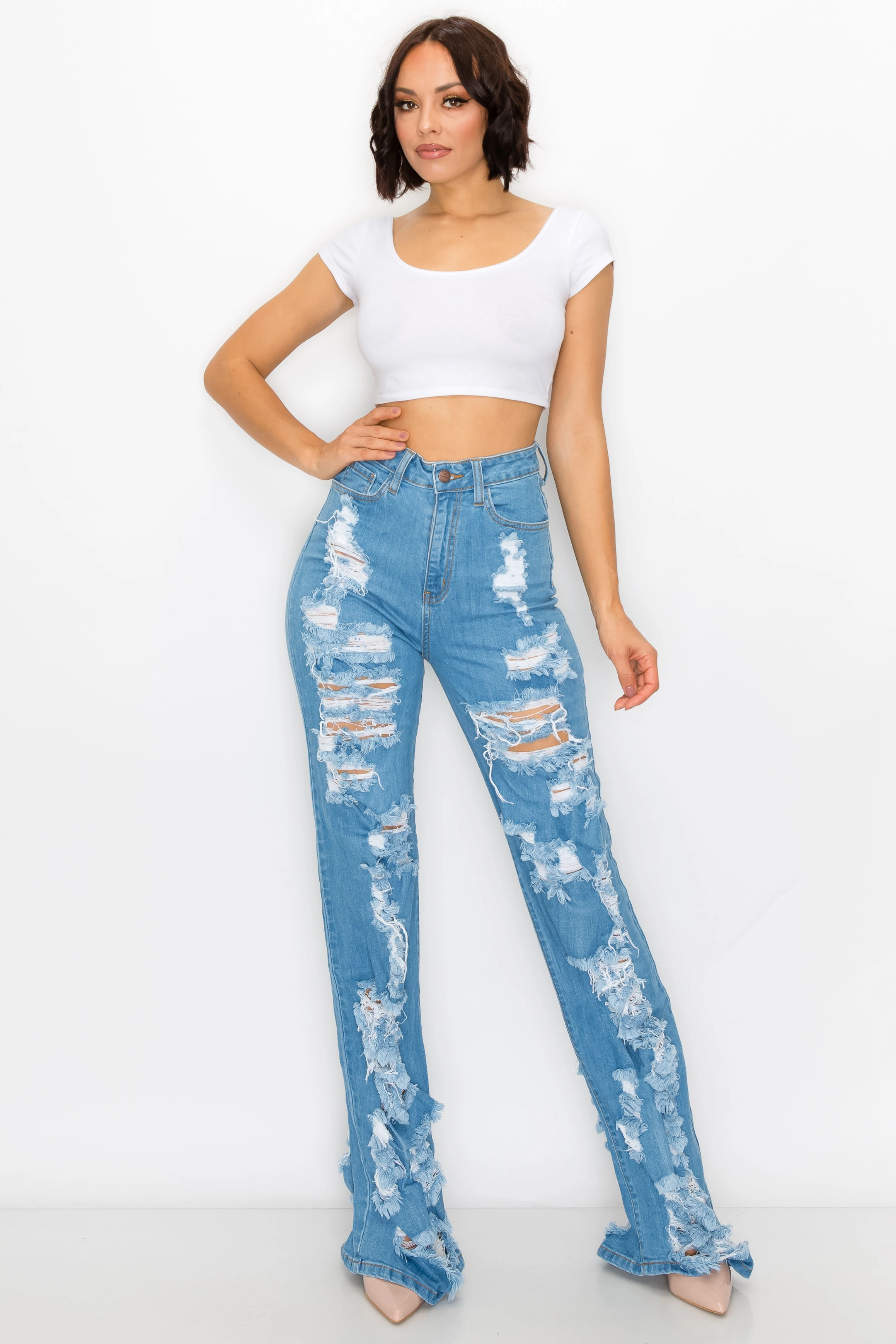 Winter Fashion 40030 Women'S High Waisted Distressed Wide Leg Jeans with Cut Outs