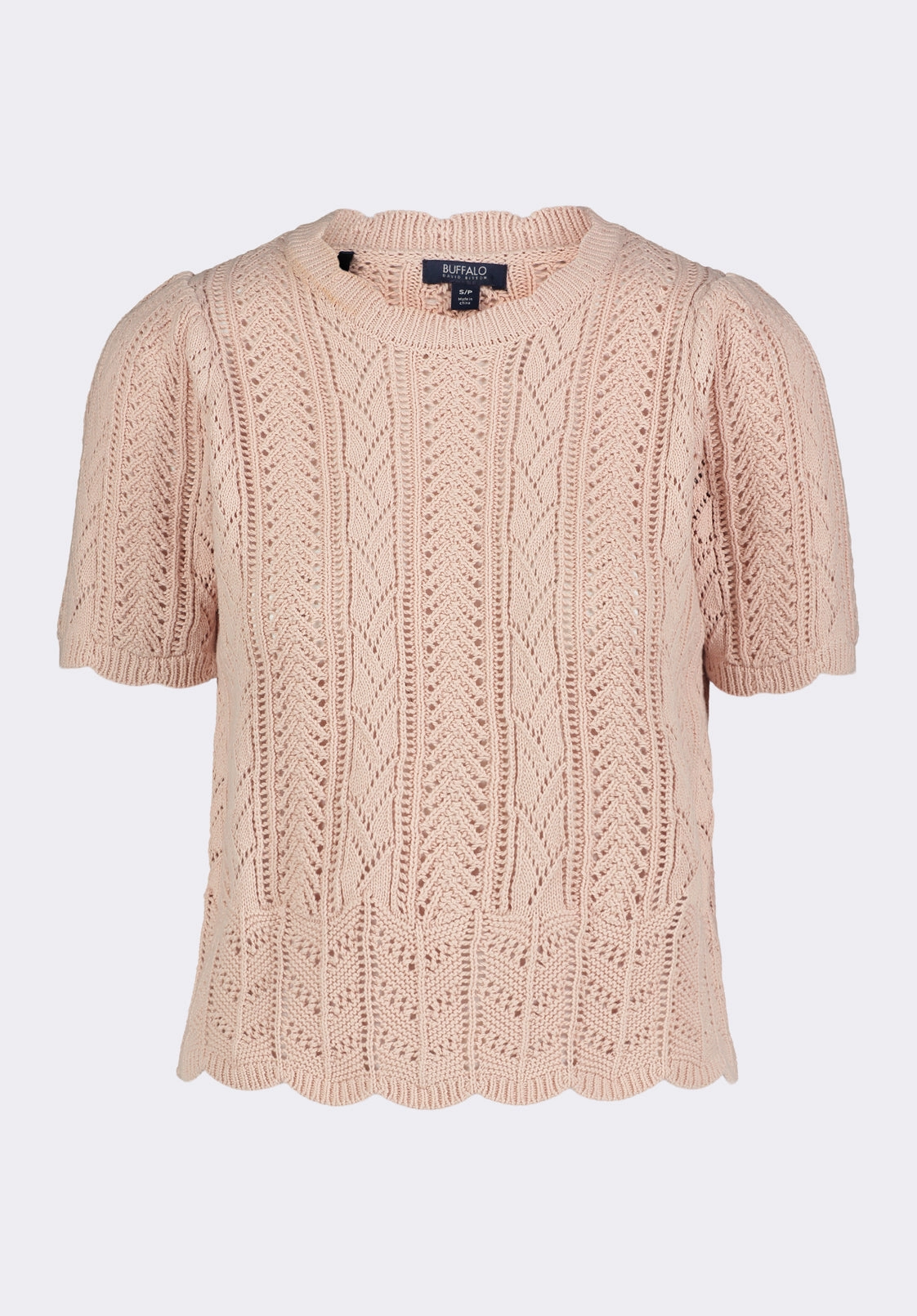 Sleek Layers Snug Knit Posey Women's Short-Sleeve Crochet Knit Sweater Top, Cameo Rose - SW0108P