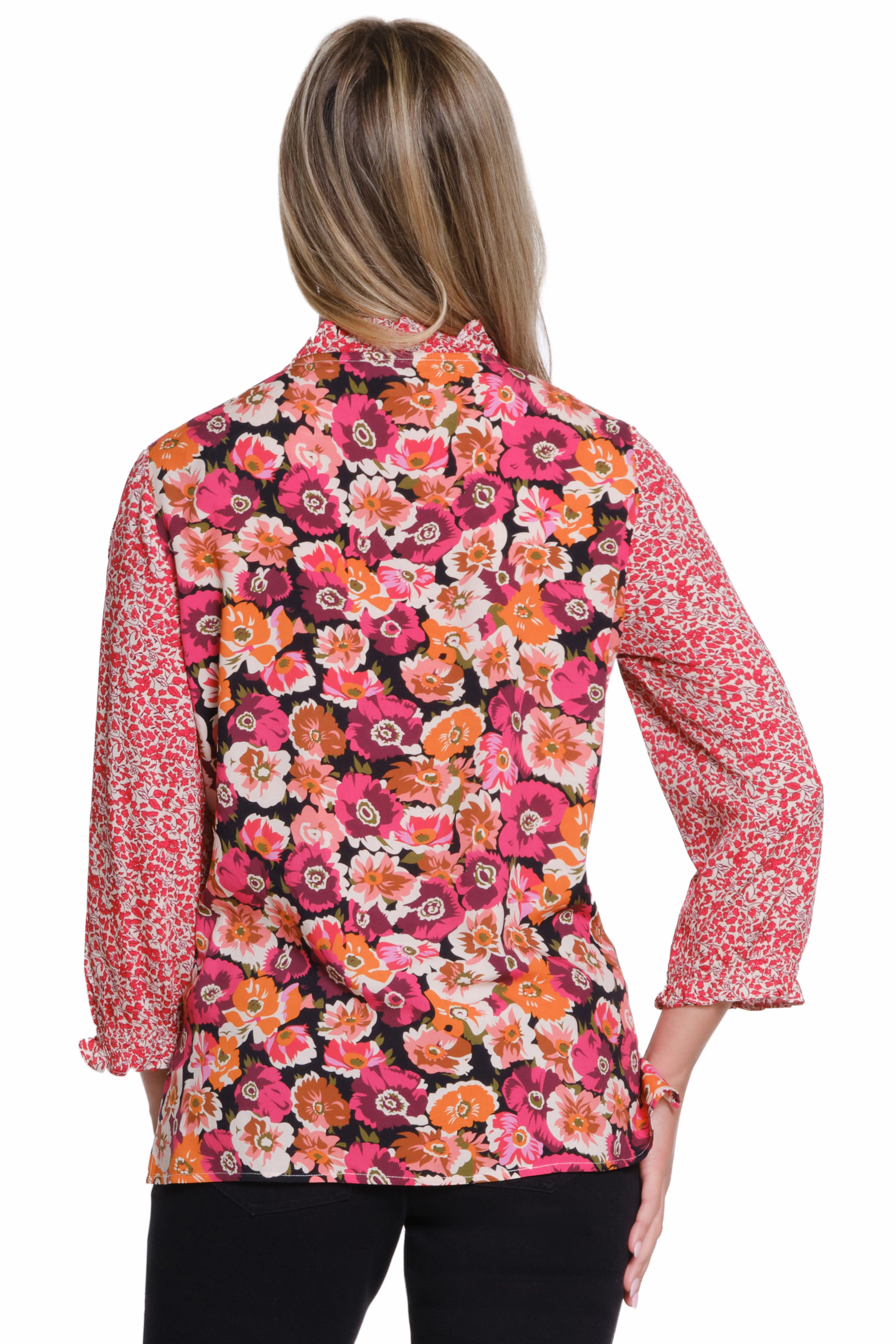 Modern Silhouette MeshPanel Mixed Print Split Neck Top with Neck Tie - Multi