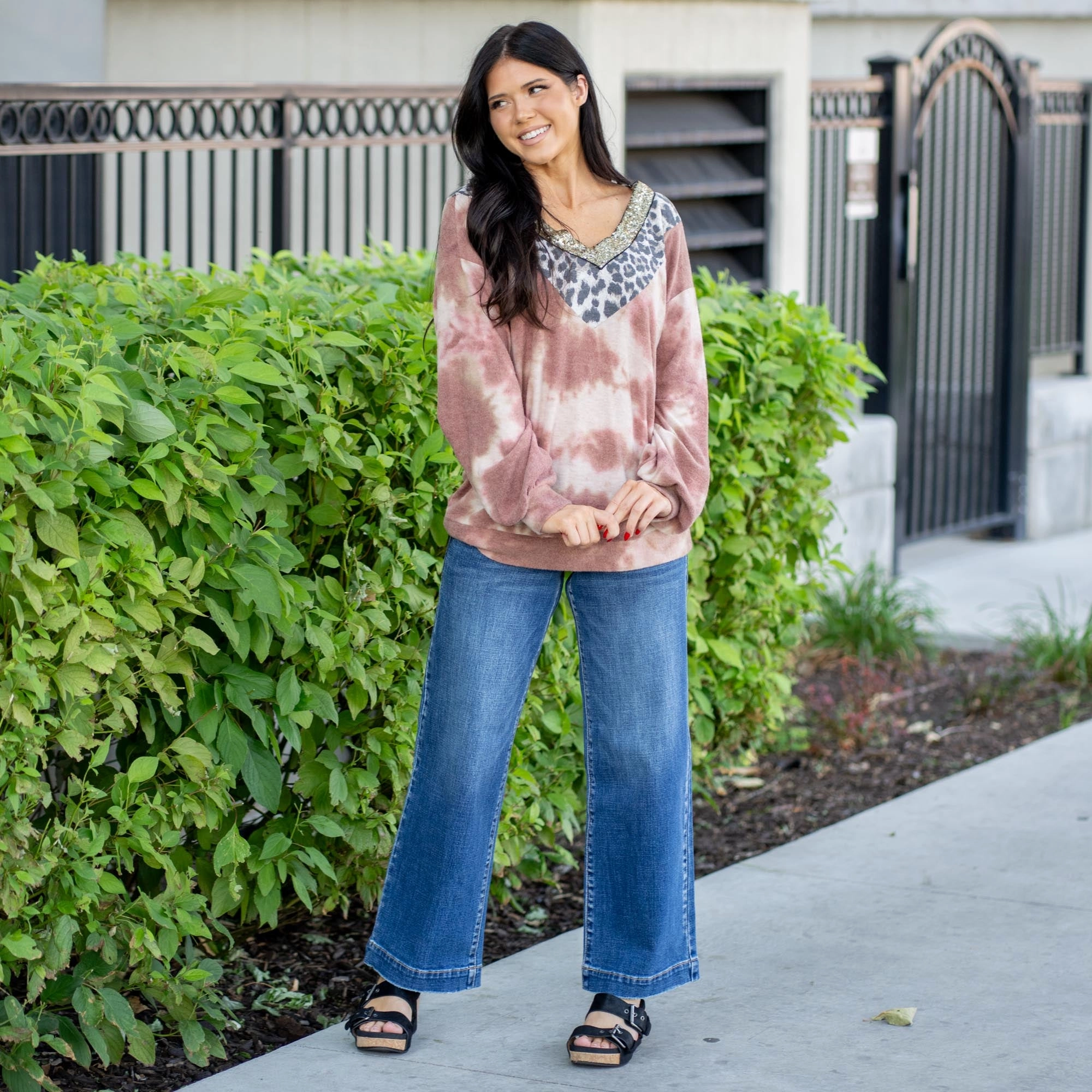 Subtle pattern Pastel Shade Vanilla Bay Brushed Tie Dye Sequin Trim Leopard Contrast Top