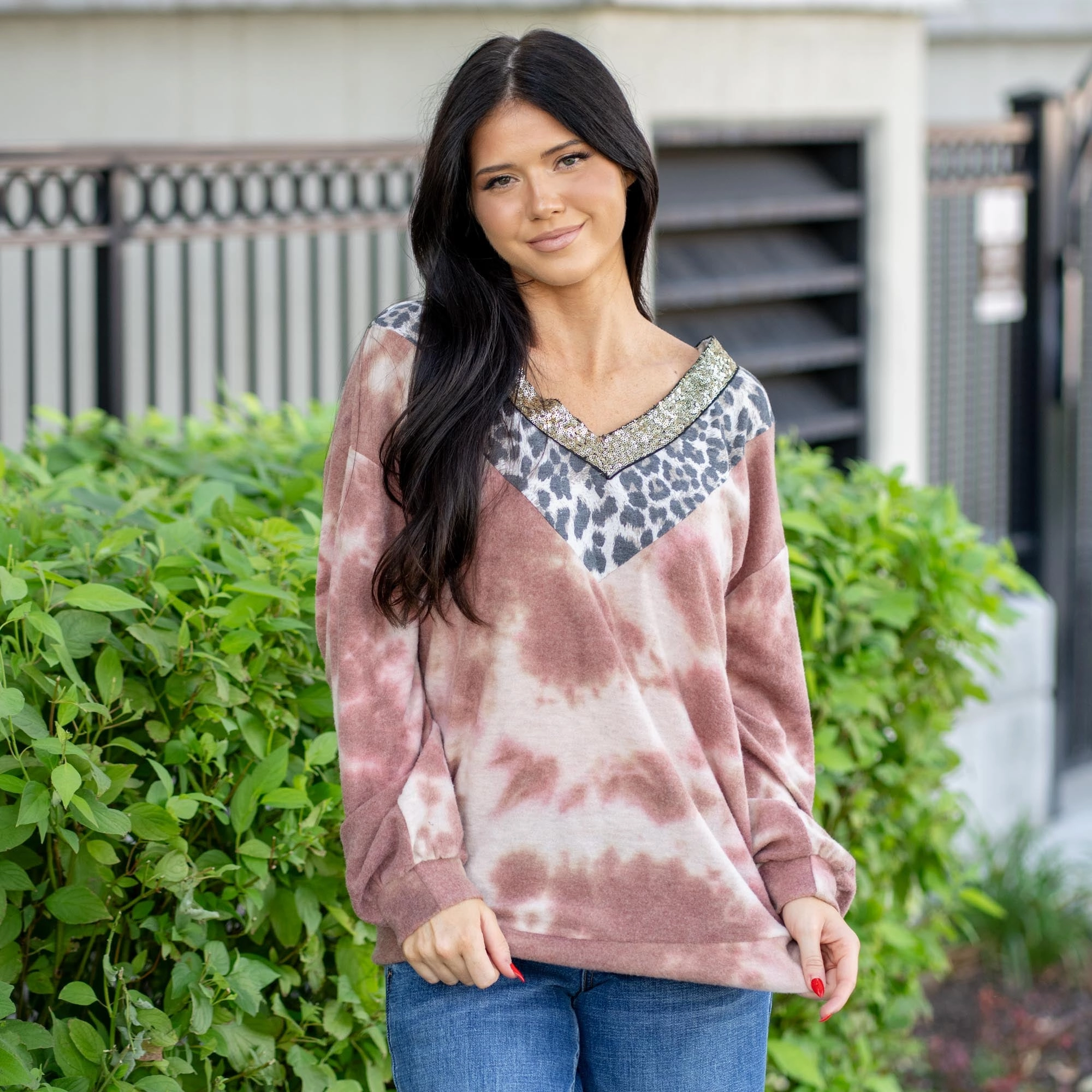 Vanilla Bay Brushed Tie Dye Sequin Trim Leopard Contrast Top Snug & Stylish