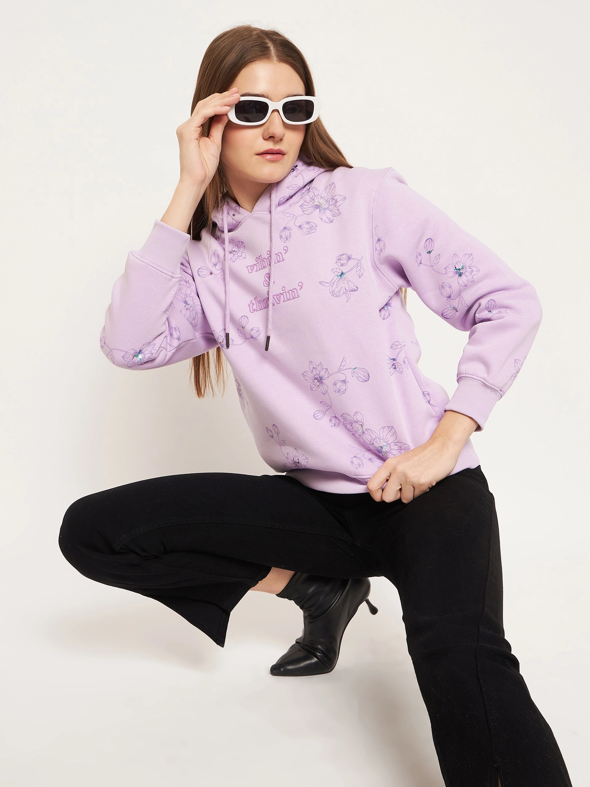 slim fit product tweed warmth Madame Floral Printed Lilac Sweatshirt