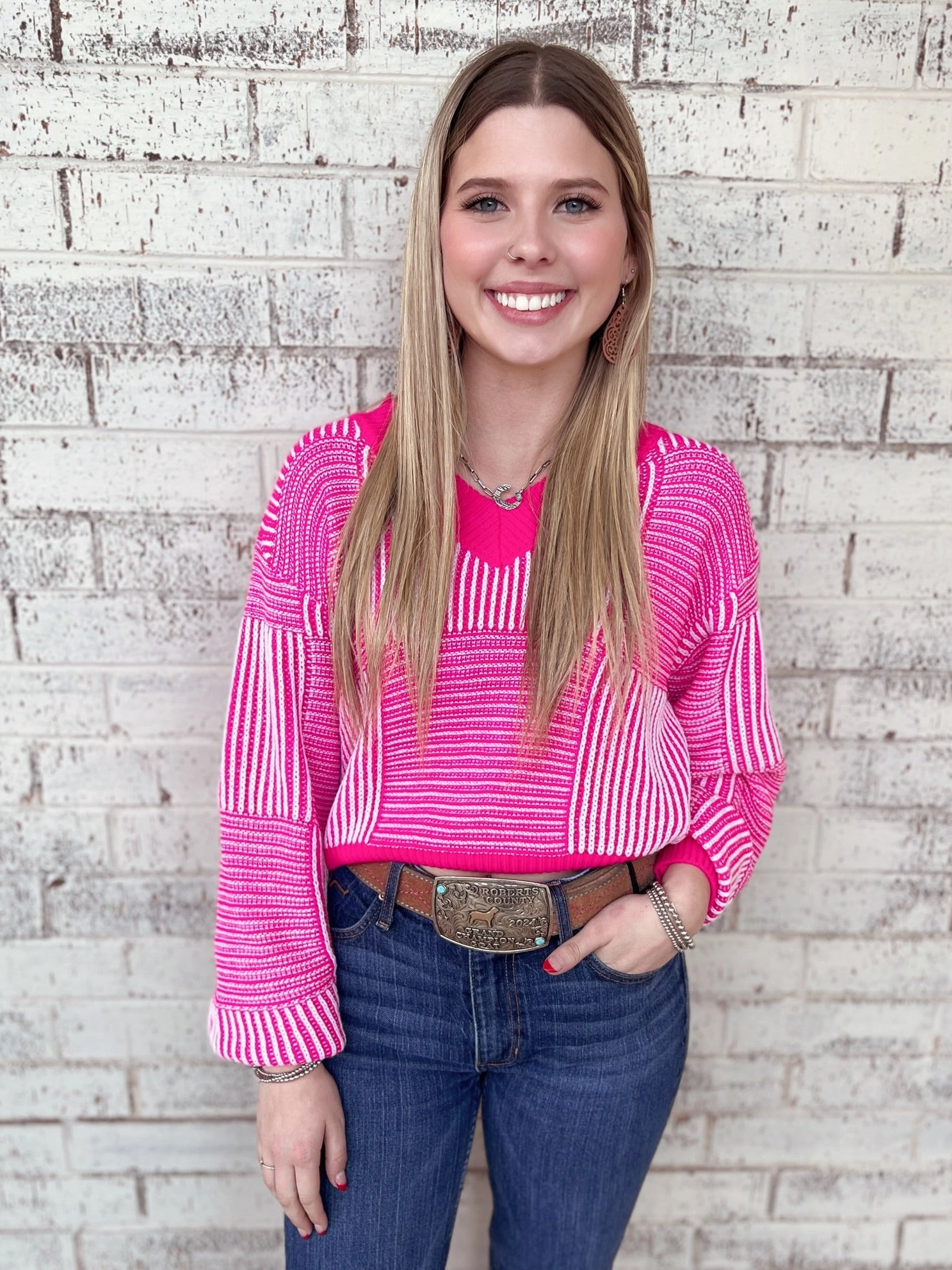 Striped Lantern Sleeve Cropped Sweater - 3 Colors* Shrinkage Prevention Treatment