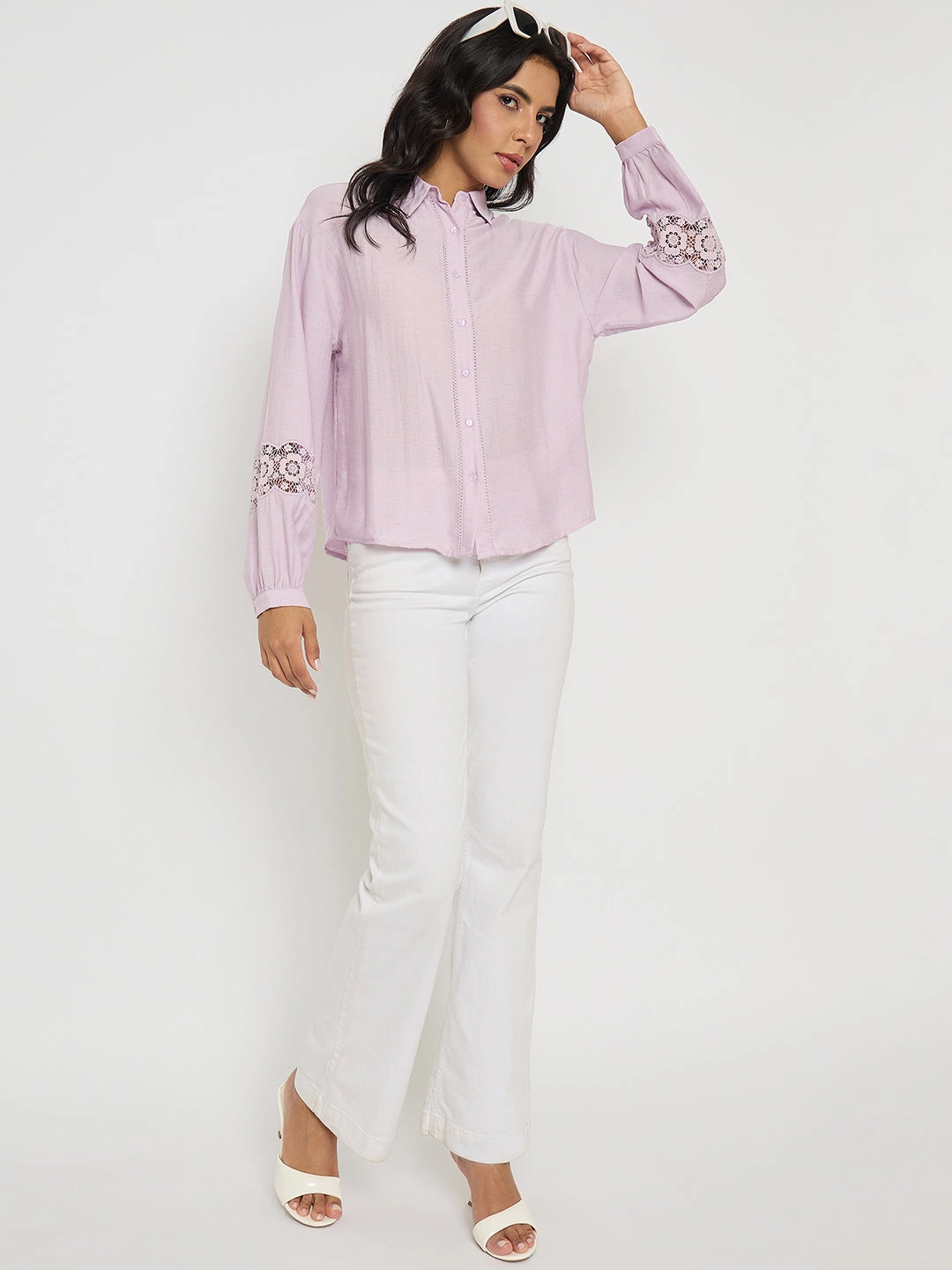 Distressed finish Minimalist Aesthetic Madame Lace Detailed Lilac Nylon Blend Shirt