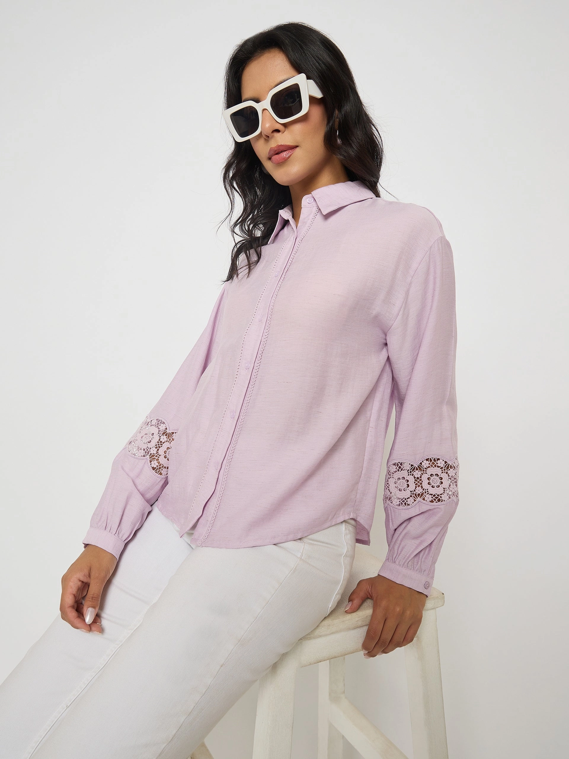 Madame Lace Detailed Lilac Nylon Blend Shirt Metallic Finish High-Quality Craftsmanship